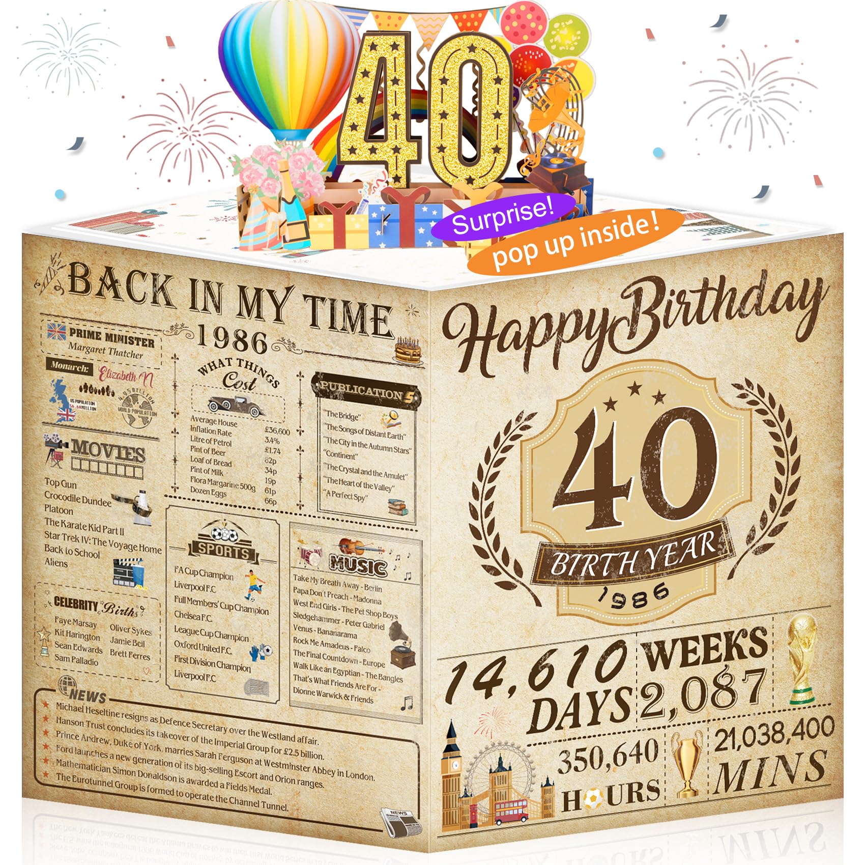 40th Birthday Cards Funny 3D Pop Up gifts with Envelope for Women Men Anniversary Party Decorations Born In 1986 40 Year Old Poster Vintage Greeting Card for Mum Dad Daughter Sister Brother Friend