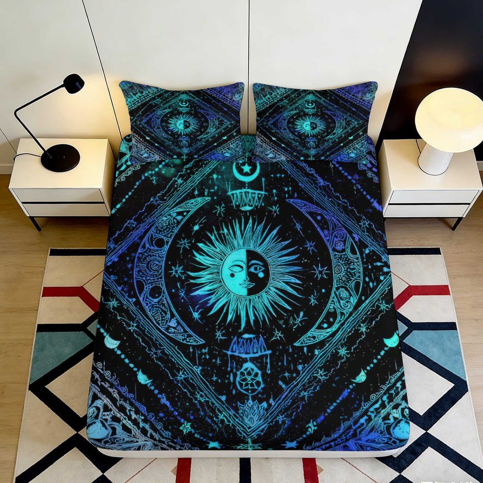 3D Printed Mystic Sun Moon Fitted Sheet Microfiber Black Blue Celestial Mattress Cover for Bedroom Guest Room Decor 90x200x25cm