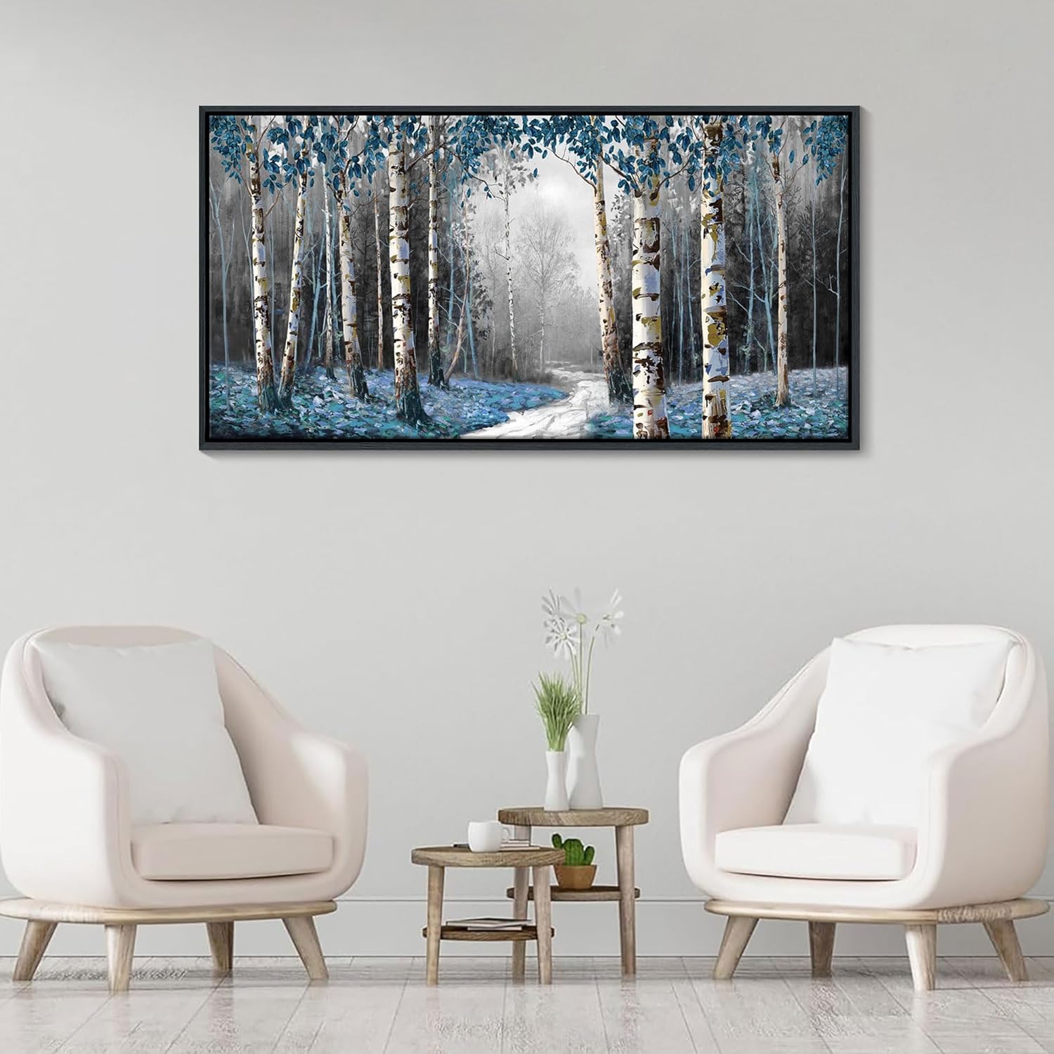 Large Canvas Wall Art Framed - Gray Blue Tree Abstract Canvas Painting Textured Picture, Modern Landscape Artwork Framed for Living Room Bedroom Bathroom Office Home Decor 58x29