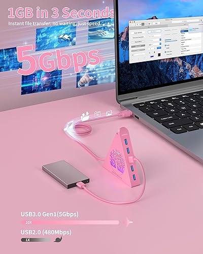 Vista 20 de 7 puertos USB 3.0, Hub USB Howling Wolf Pink – Cable de 2 pies de largo, expansor de concentrador USB vertical compatible con PC, laptop, unidad Rosa