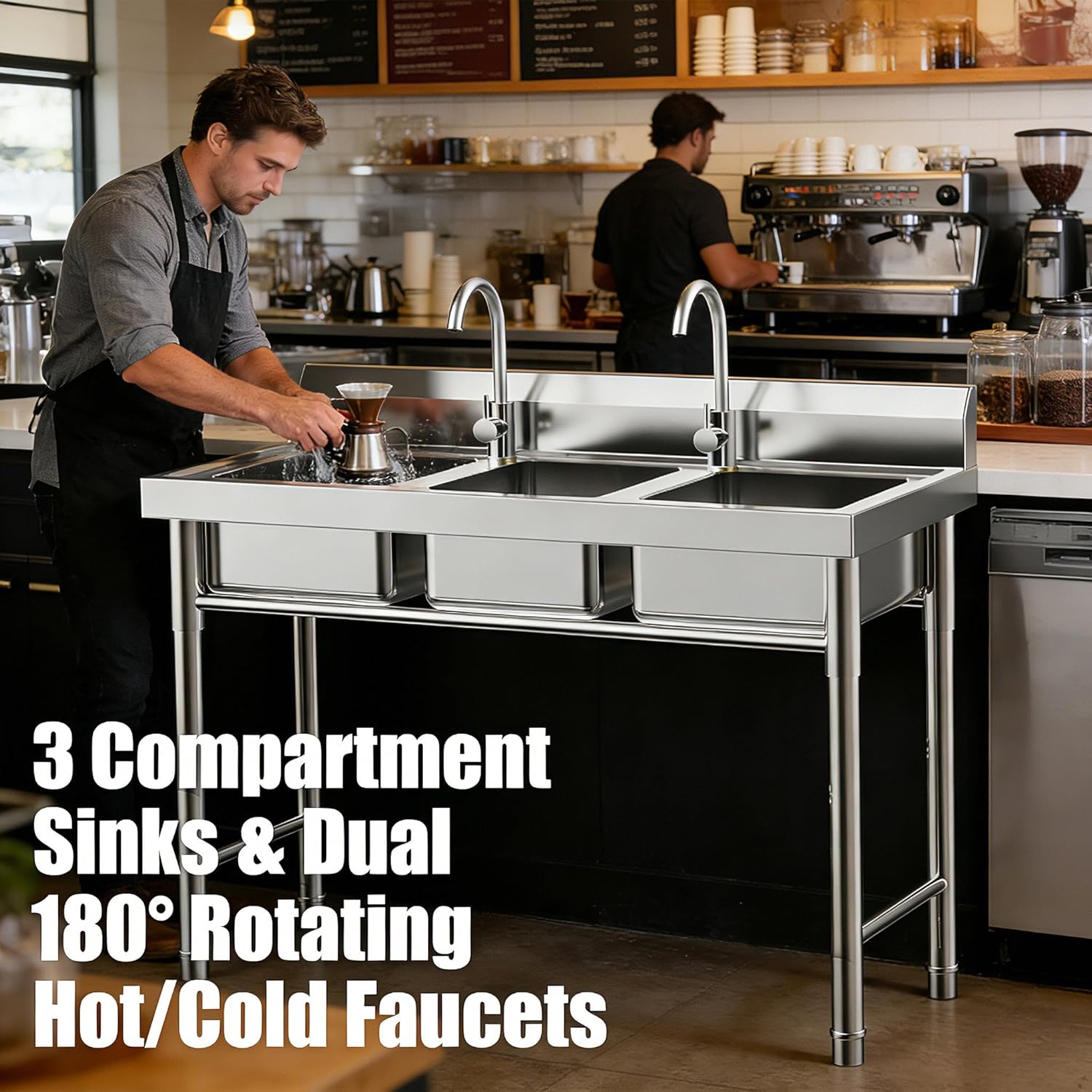 3-Bowl Stainless Steel Kitchen Sink with 2 Faucets, 304 Stainless Steel Commercial Sink Station with Dual Rotating Tap, Free Standing Triple Compartment Sink for Restaurant Home Garage, Silver
