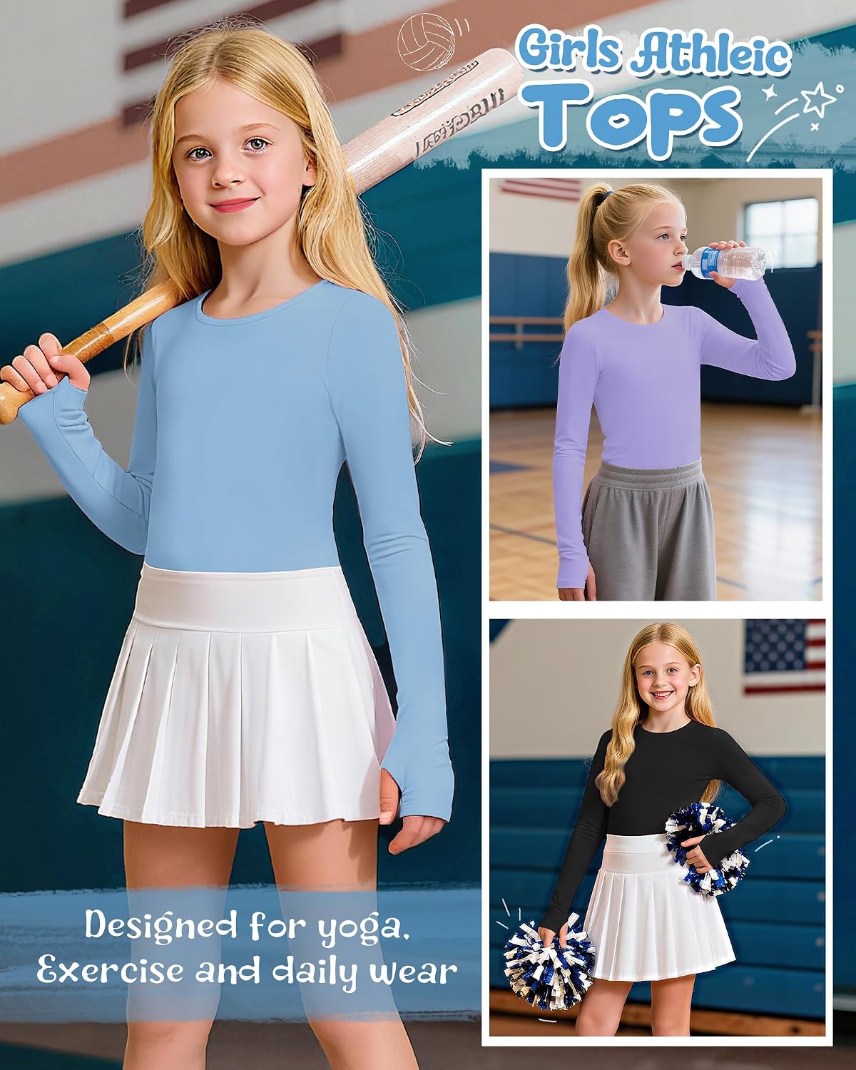 3 Pack Girl's Long Sleeve Athletic Shirts with Thumb Holes Compression Top Quick Dry Basic Activewear 5-14Years