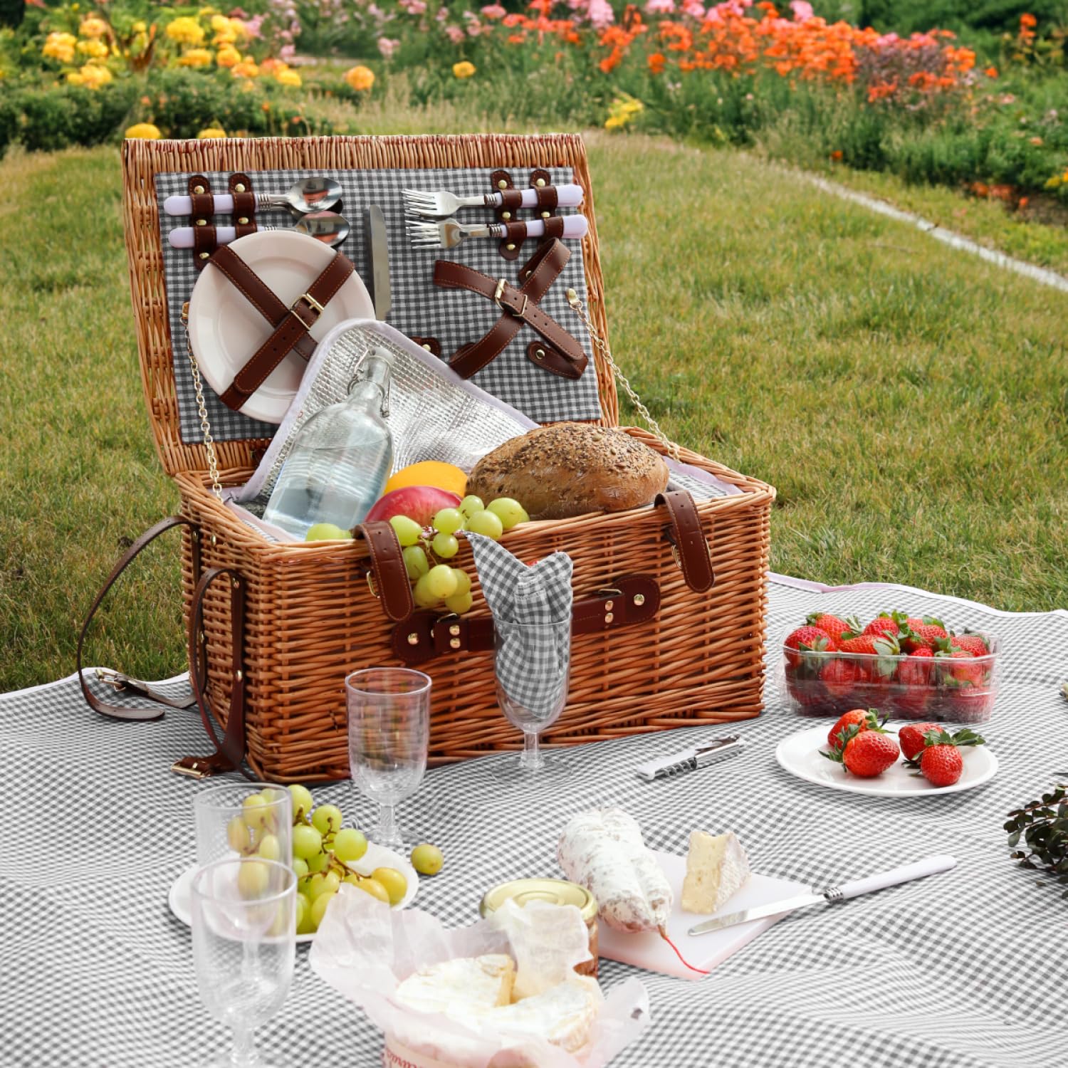 Linxor - Panier de Pique-Nique Isotherme avec Nappe et Accessoires - 4 Personnes - Plusieurs Coloris