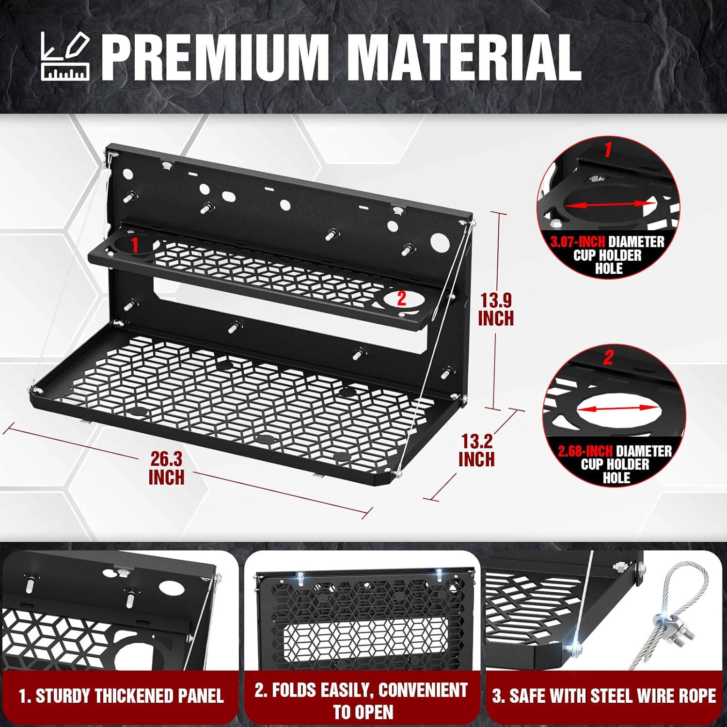 Double Layer Foldable Tailgate Table with Molle Panel Compatible with 2007-2018 Jeep Wrangler JK JKU, Rear Folding Drop Down Tables Cargo Luggage Shelf Storage Holder Carrier Accessories