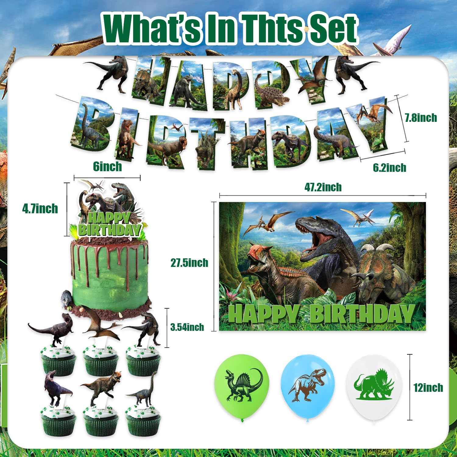 42Pcks Jurassic Party Supplies Pack Includes，Banner，Cake Topper，Blackdrop,Balloons for Jurassic party Decoration