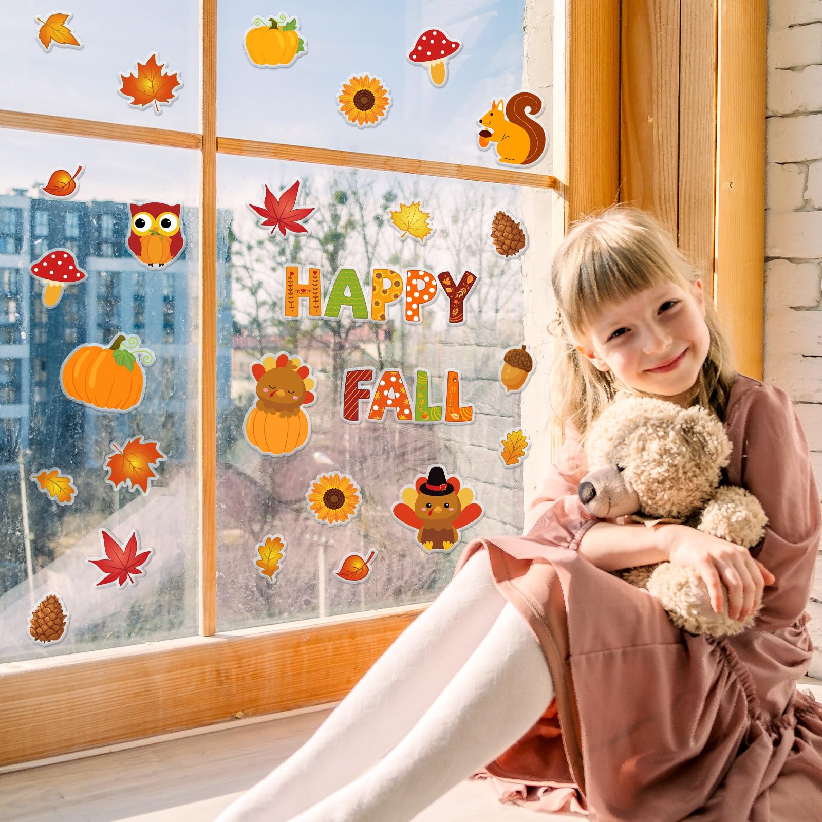 JarThenaAMCS 20 x dicke Gel-Aufkleber "Happy Fall", Ernte-Kürbisse, Tannenzapfen, Ahornblätter, Fenster-Gel-Aufkleber für Herbst, Erntedankfest, Schule, Klassenzimmer, Kinderzimmer, Dekoration