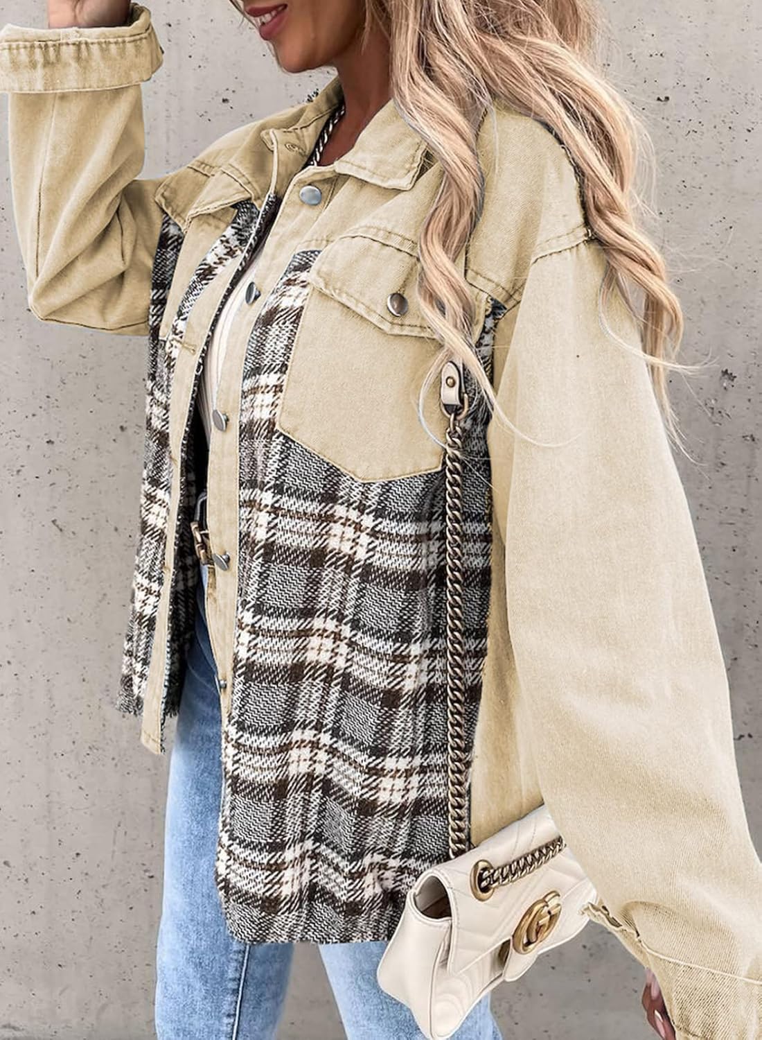 SHEWIN Womens Oversized Denim Jacket Casual Long Sleeve Button Down Plaid Shacket Boyfriend Jean Jacket With Pockets - Image 5