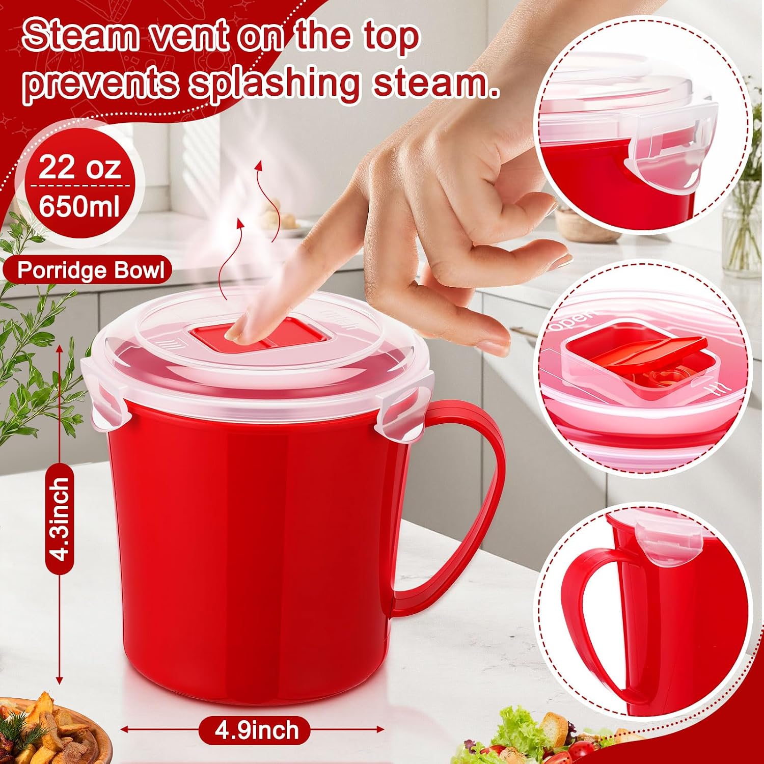 4 Pcs Microwave Soup Mug Microwave Noodle Bowl with Lids and Steam Release Vents, 656 ml Heating Cup and 940 ml Soup Container for Dorm, Small Kitchen, Office, Dishwasher & Freezer
