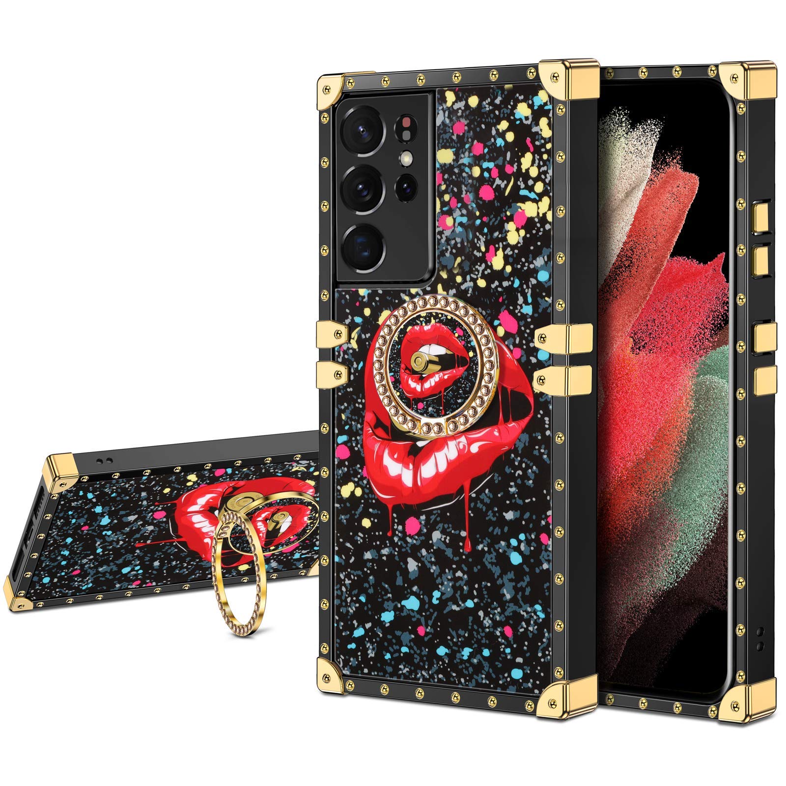 JAKPAKfor Samsung Galaxy S21 Ultra 5G Case with Ring Holder Kickstand Case for Girls Women Luxury TPU Case Shockproof Protective Cover Compatible with Samsung Galaxy S21 Ultra 5G 6.8 inch Black Lip