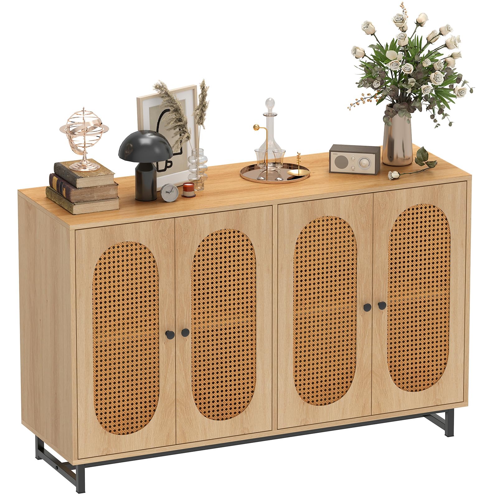 GIANTEX Credenza da Cucina a 4 Ante, con Rattan Decorativo, 126x40x81 cm | Mobile Contenitore Moderno in Legno con Ripiano Regolabile, Dispensa Buffet Lunga e Salvaspazio per Salotto e Ingresso