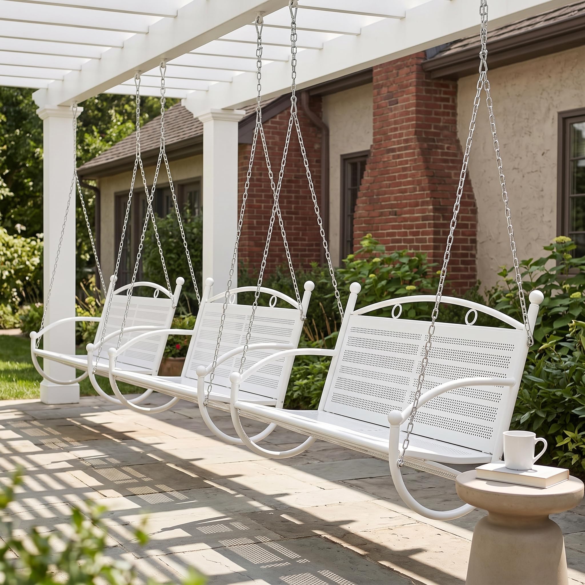 Altalena da Giardino in Metallo, Seggiolino Altalena per Giardino e Spazi Esterni, Design Versatile, Bianco, Doppio rinforzato con bracciolo a mezzaluna