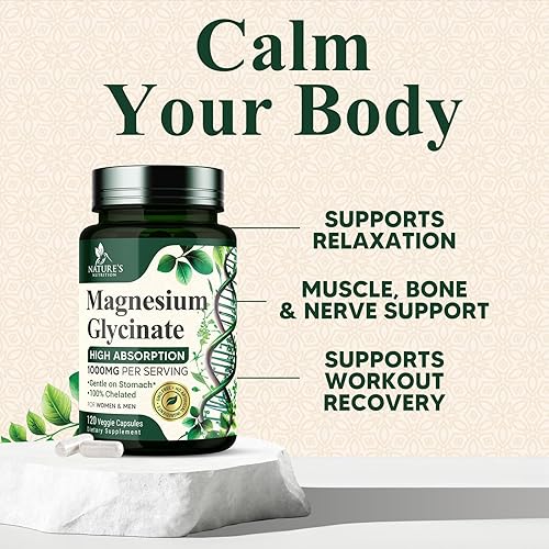 Miniatura 6 de Glicinato de magnesio 1000 mg  Magnesio para huesos, músculos, nervios y apoyo a la salud del corazón, apoyo para el sueño de Natures, las mejores
