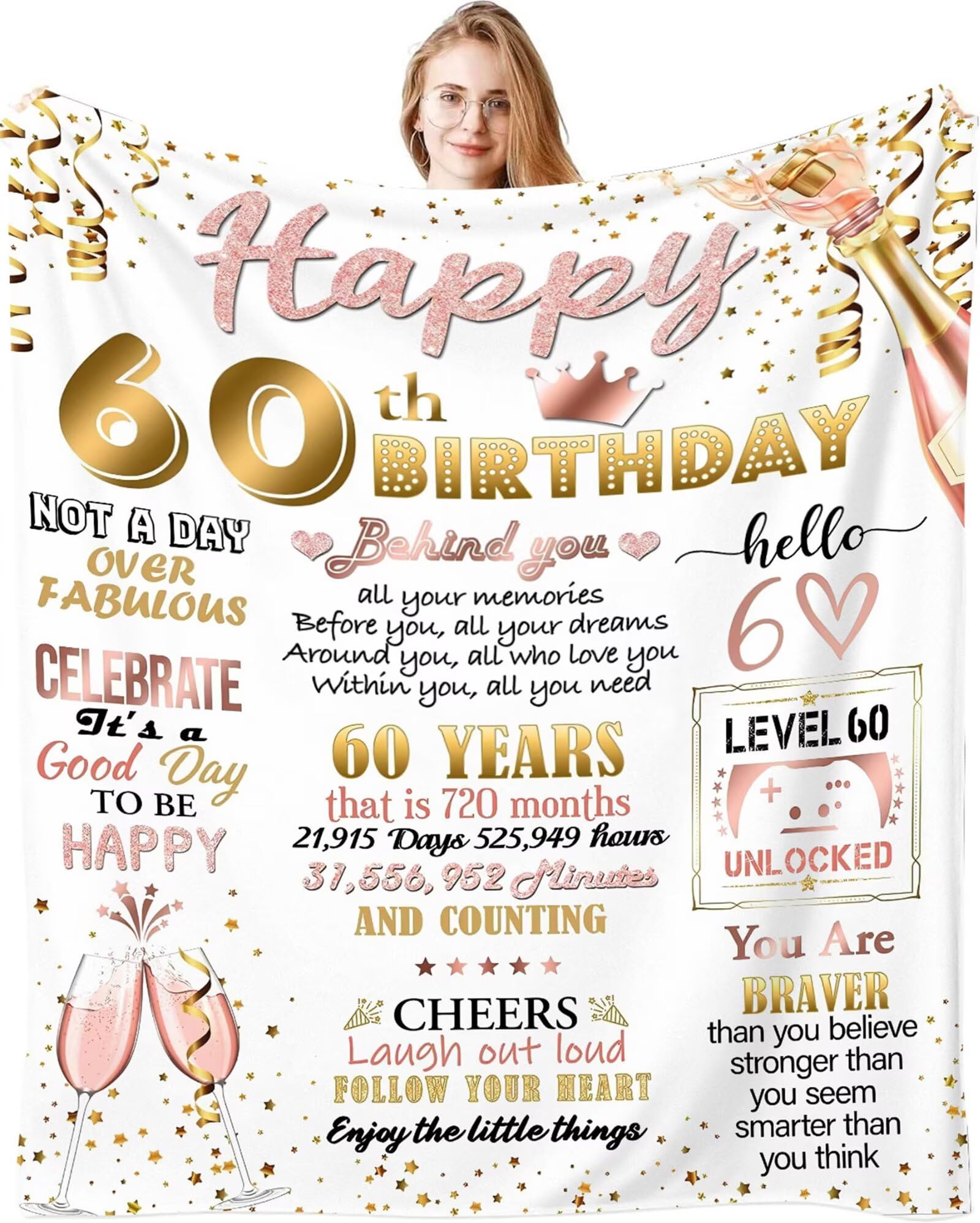 Fecifte 60th Birthday Gifts Blanket for Women, 60 Year Old Birthday Decorations Presents, Personalised Flanell 60th Birthday Blanket Gifts for Women Wife Sister 50"x60"