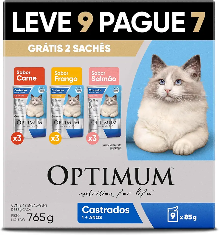 Ração Úmida Optimum Sachê para Gatos Adultos Castrados Carne, Frango e Salmão 85g - LEVE 9 PAGUE 7