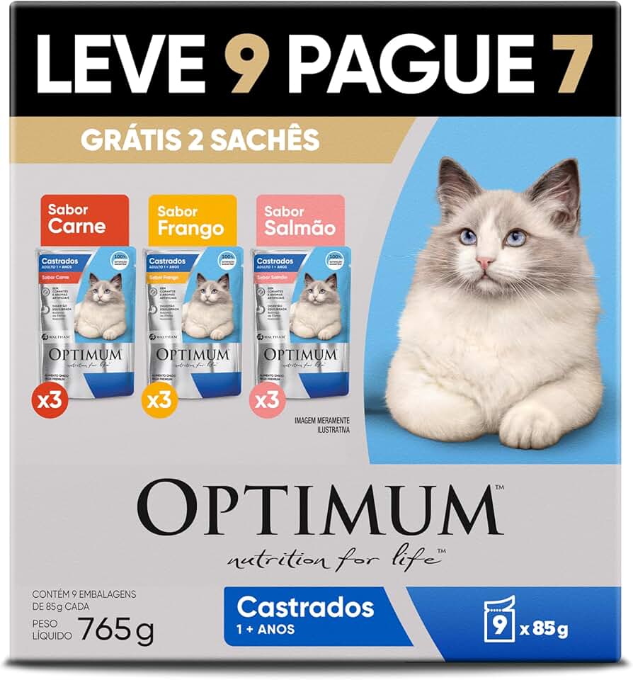 Ração Úmida Optimum Sachê para Gatos Adultos Castrados Carne, Frango e Salmão 85g - LEVE 9 PAGUE 7