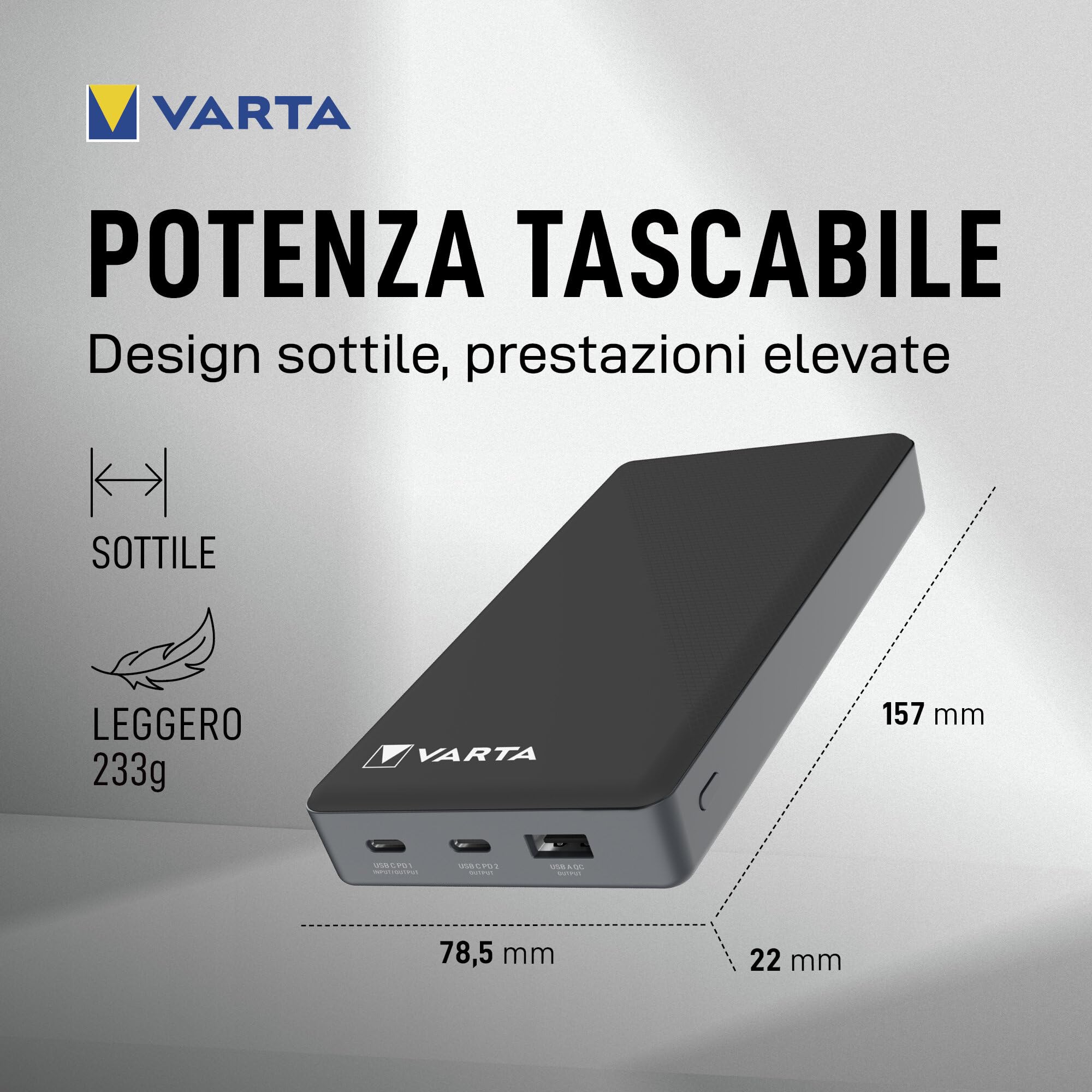 VARTA Power Bank 20000 mAh, Power on Demand, 1x USB A e 2x USB C
