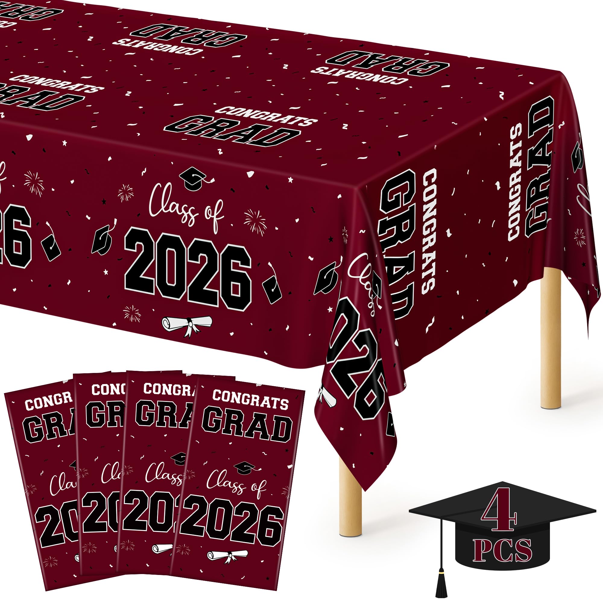 QZYL 4 Pack Graduation Table Decorations 2026, 54" x 108" Maroon Graduation Table Cloths, Disposable Grad Party Decorations for Class of 2026 Congrats Grad, Rectangle Plastic Tablecover for College