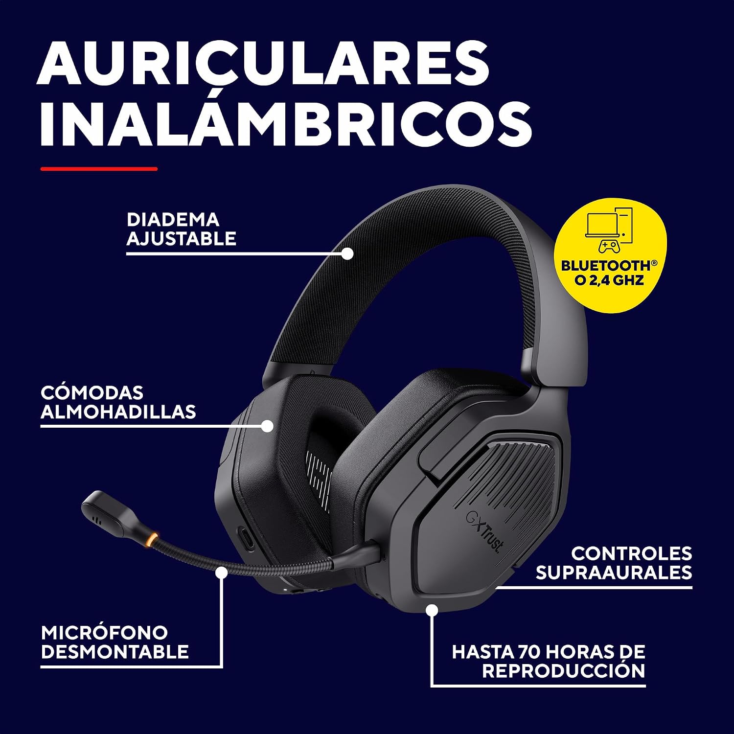 GXTrust 1493 Ravox Cascos Gaming Inalámbricos Bluetooth + 2.4GHz PS5 PS4 PC Switch Xbox Mobile, Altavoces 50mm, Batería de 70 Horas, Baja Latencia, Auriculares Inalámbricos Over-Ear, Negro 3