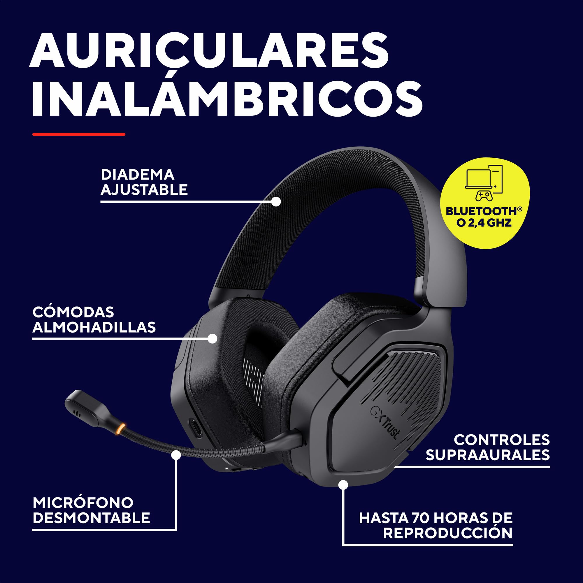 GXTrust 1493 Ravox Cascos Gaming Inalámbricos Bluetooth + 2.4GHz PS5 PS4 PC Switch Xbox Mobile, Altavoces 50mm, Batería de 70 Horas, Baja Latencia, Auriculares Inalámbricos Over-Ear, Negro