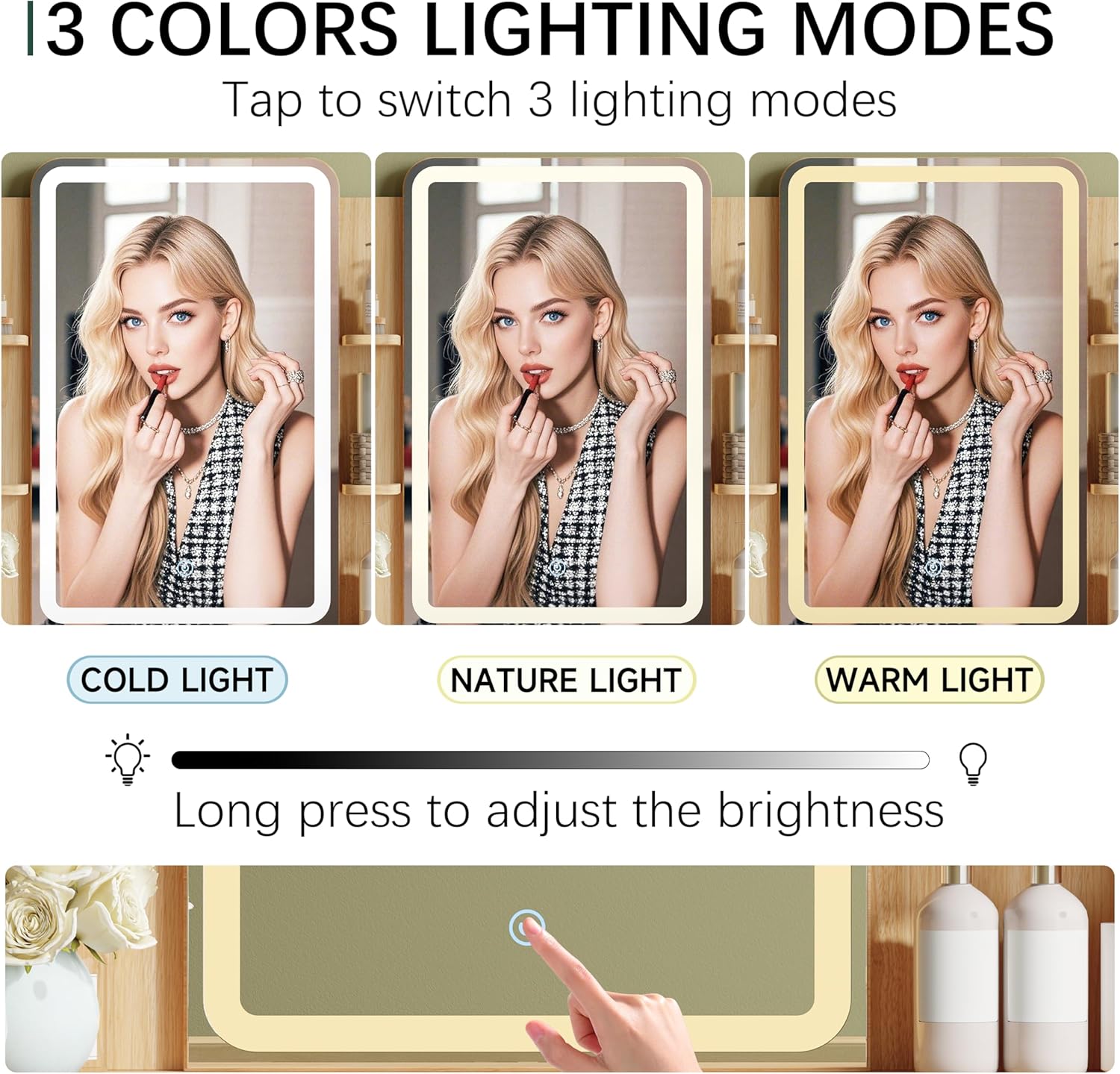 42'' Fluted Makeup Vanity Desk with LED Lights Mirror & Charging Station, Modern Glass Top Vanity Table with 5 Drawers & Open Shelves, Dressing Table for Bedroom, Living Room, Oak