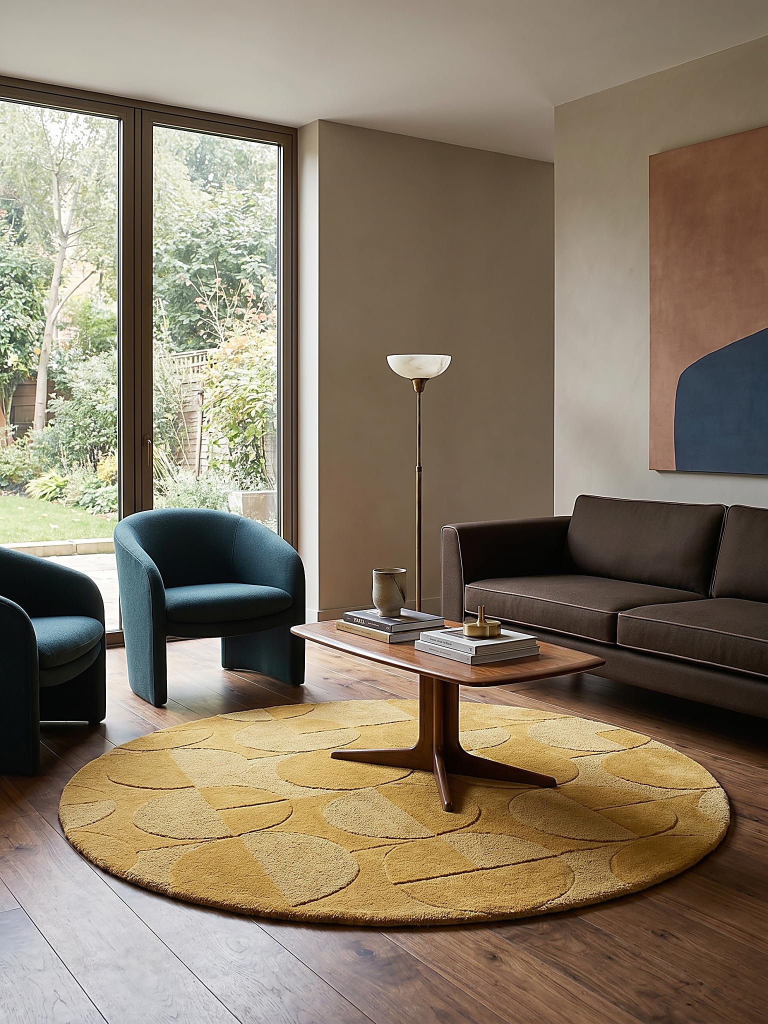 Tapis en Laine Motif Géométrique Dense et Robuste Jaune Moutarde Ø 160 cm Rond Salle à Manger | DEBEN