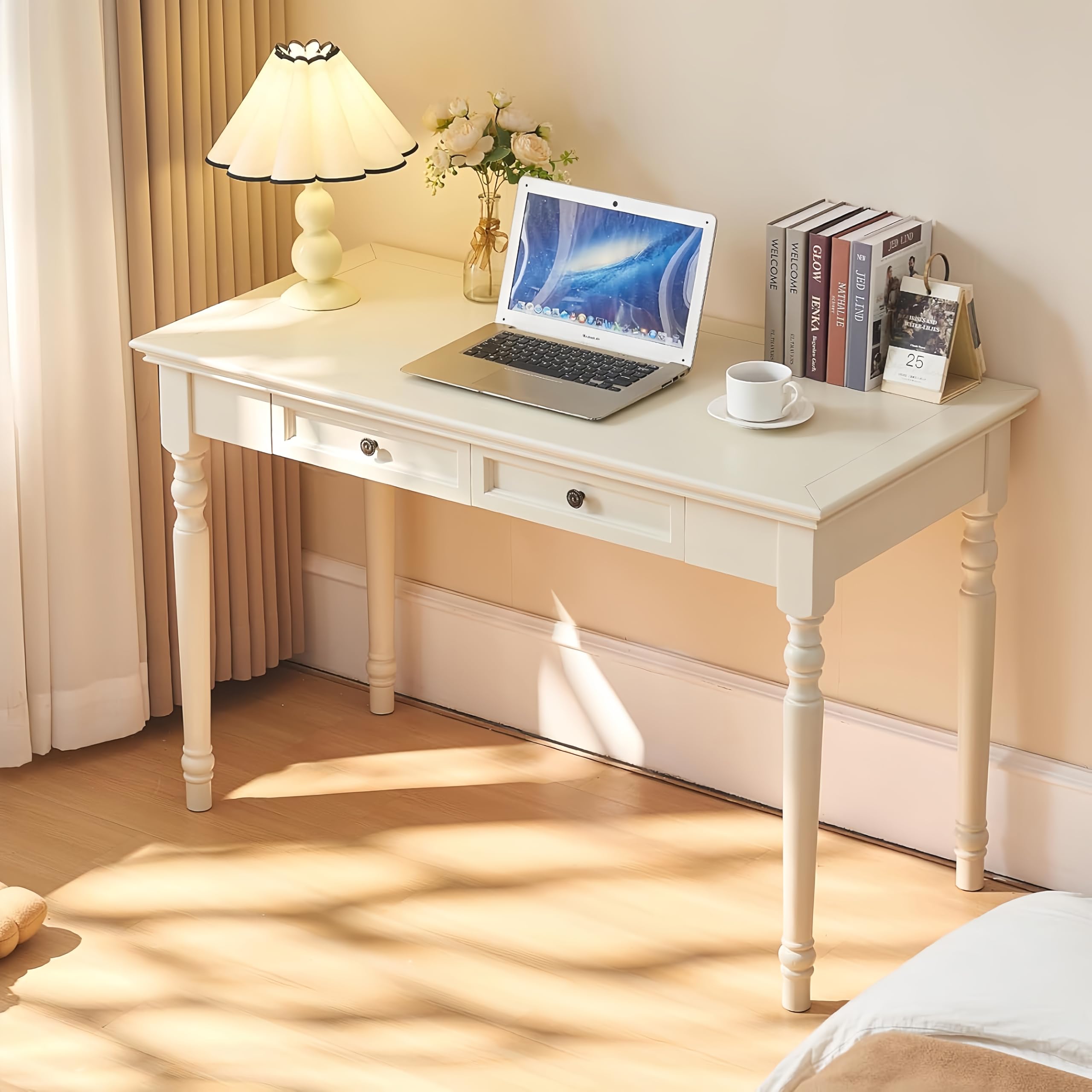 Conabaen French Country Style White Writing Desks with Drawers, 47" Solid Wood Farmhouse Computer Table for Home Office, Living Room Study or