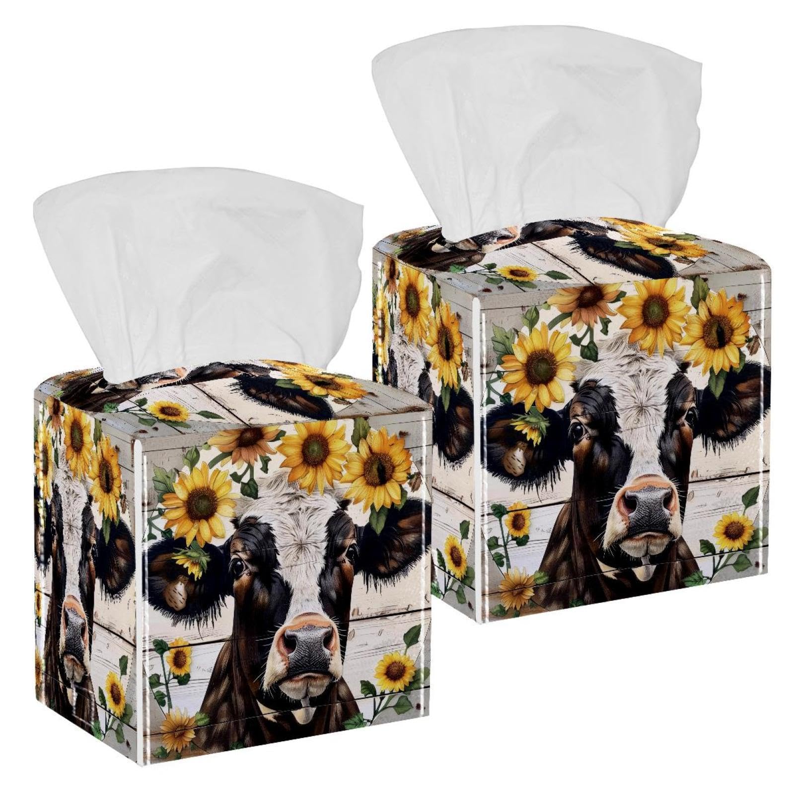 Sunflower Cow Tissue Box Cover, 2 Pack PU Leather Square Facial Tissue Dispenser Box holder for Home Office Car