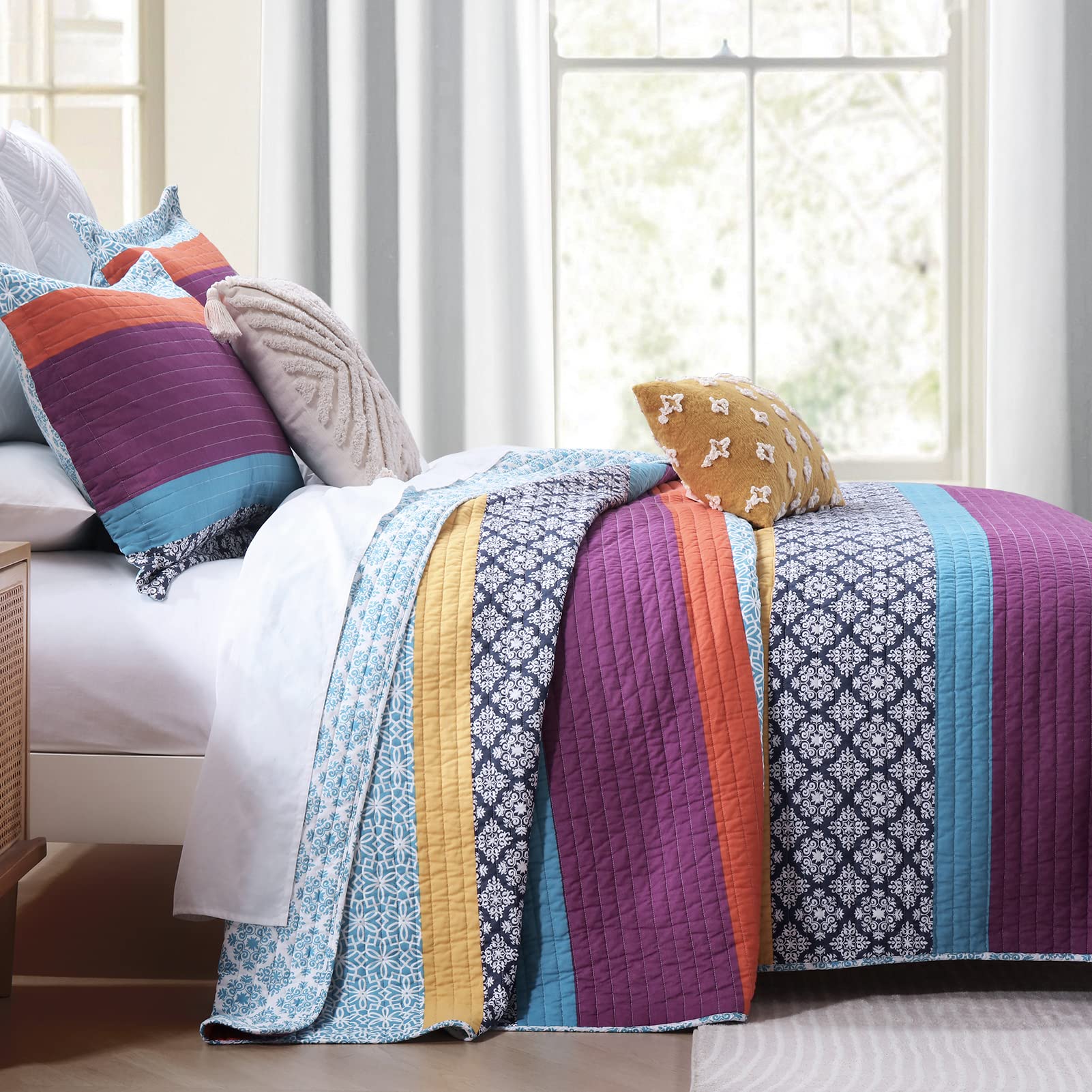 Amazon｜Finlonte ストライプキルト キングサイズ – コットン100  