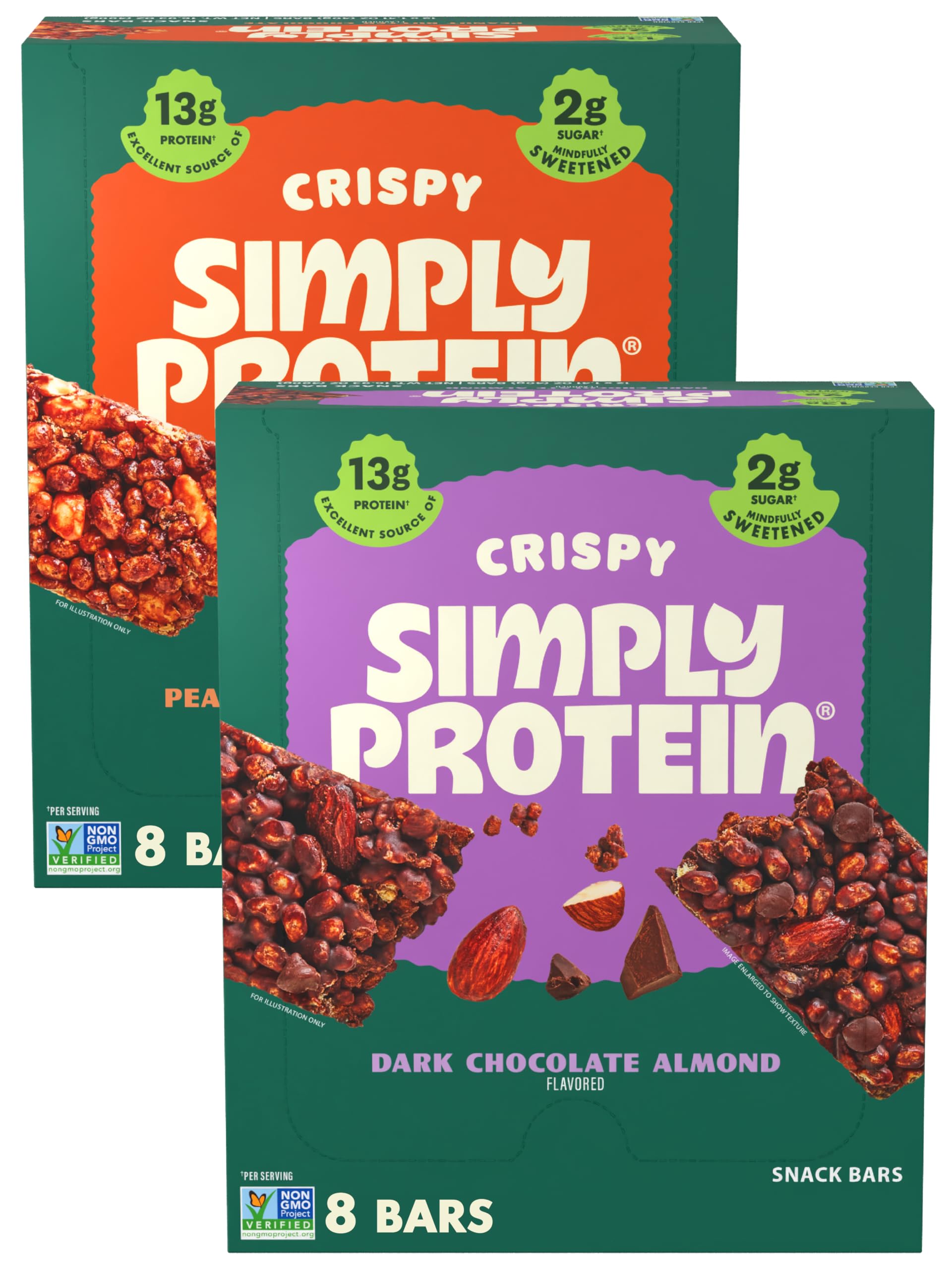 Crispy Bars Variety Pack, Peanut Butter + Dark Chocolate Almond - Plant Based Protein Bars - 13g Protein, 2g Sugar, 7g Fiber - Vegan, Gluten Free, Non GMO - 16 Bars, 2 Boxes