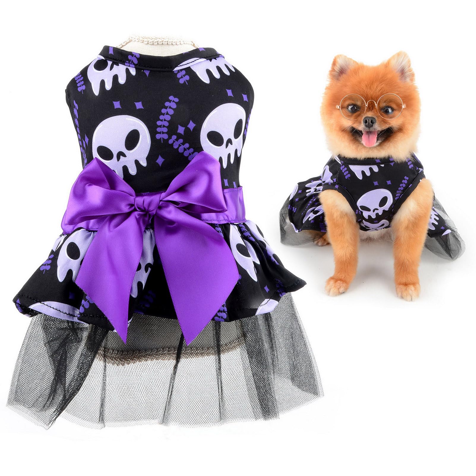SMALLLEE_LUCKY_STORE Bow Halloween Dress for Small Dogs, Purple, S