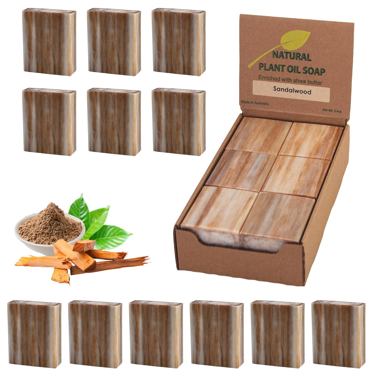 SSA Sandalwood Soap Bars (12 Pack, 3.5oz Each), Australian Moisturizing Natural Triple Milled Bar Soap Enriched with Organic Shea Butter, Long Lasting Plant Based Body Bath Bars for Men & Women