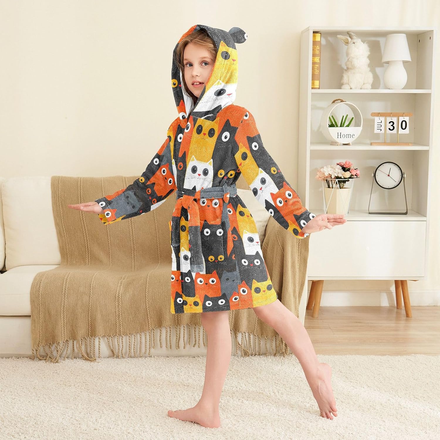 senya Colorful Cute Cat 4 Toddler Hooded Bathrobe Kids Soft Plush Bath Towel Robes for Boys Girls 2-12 Years