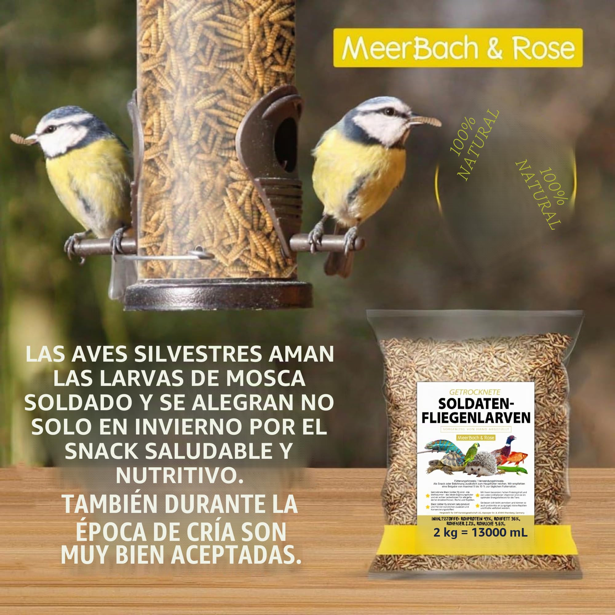 Larvas de mosca de soldado secas 2 kg (equivalente a 13 litros) Alimento para pájaros, erizos y peces, aperitivo rico en proteínas