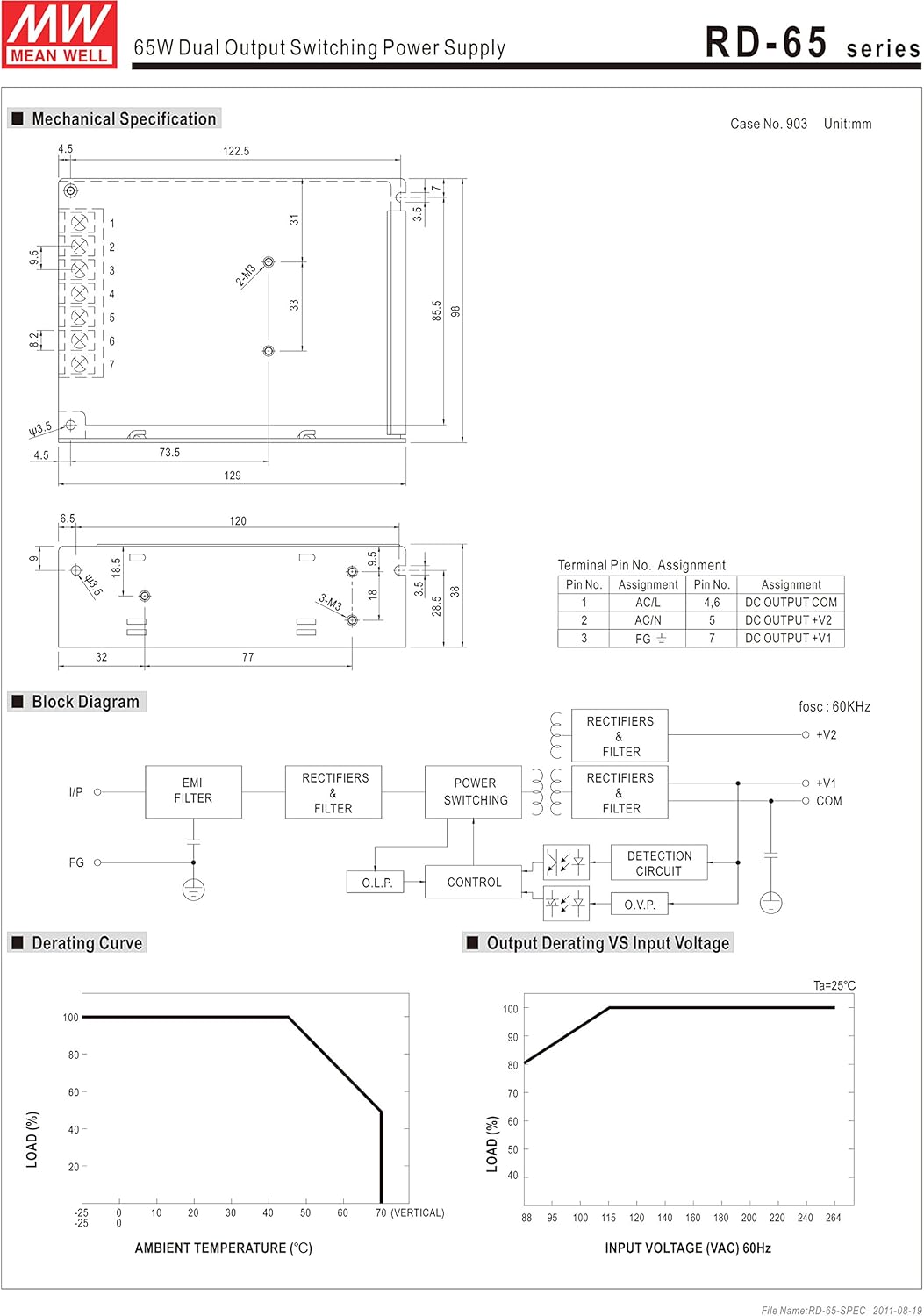 Mechanical drawing of the MEAN WELL RD-65A power supply showing dimensions and mounting points.
