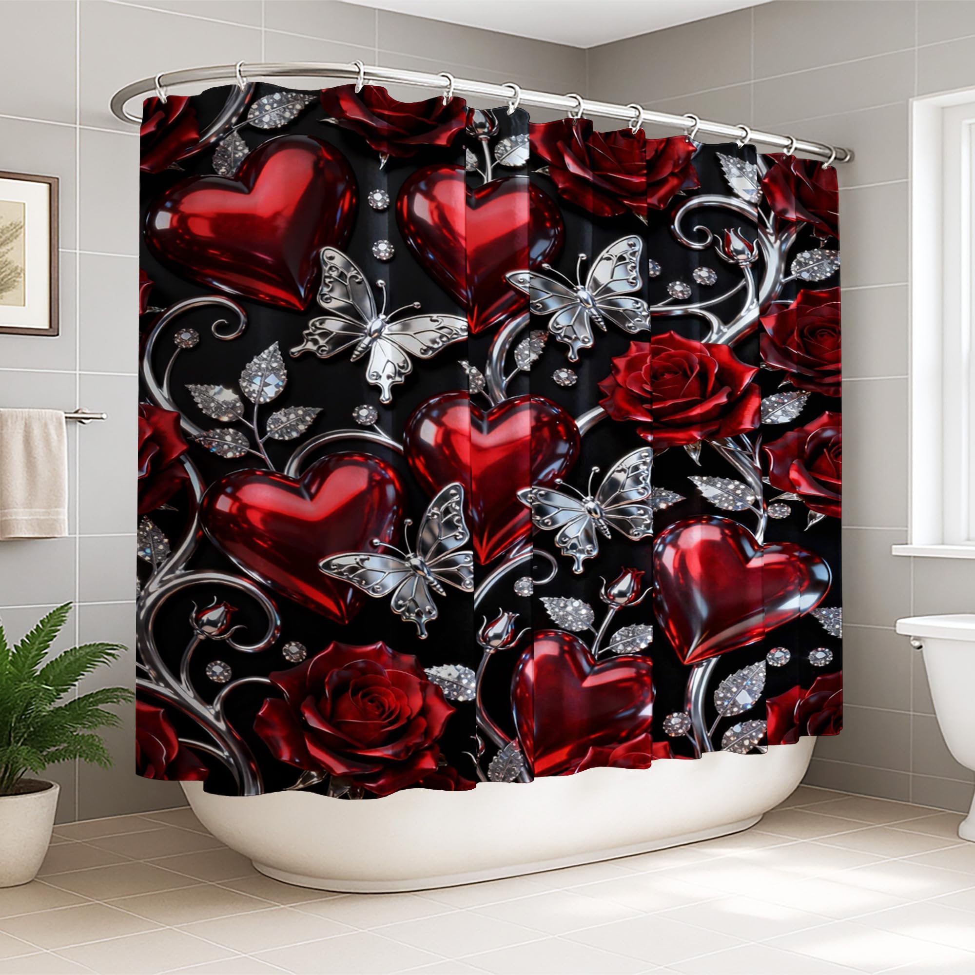 Rideau de douche extra large pour décorer la salle de bain pour la Saint-Valentin en rouge
