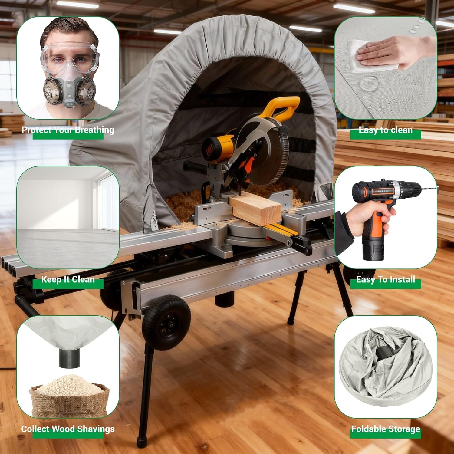Table Miter Saw Collection Hood for Dust Solution, Heavy-Duty Oxford Fabric Foldable Dust Collector for Woodworking with Accessories and Storage Bag, Fits All Miter Saws, Silver