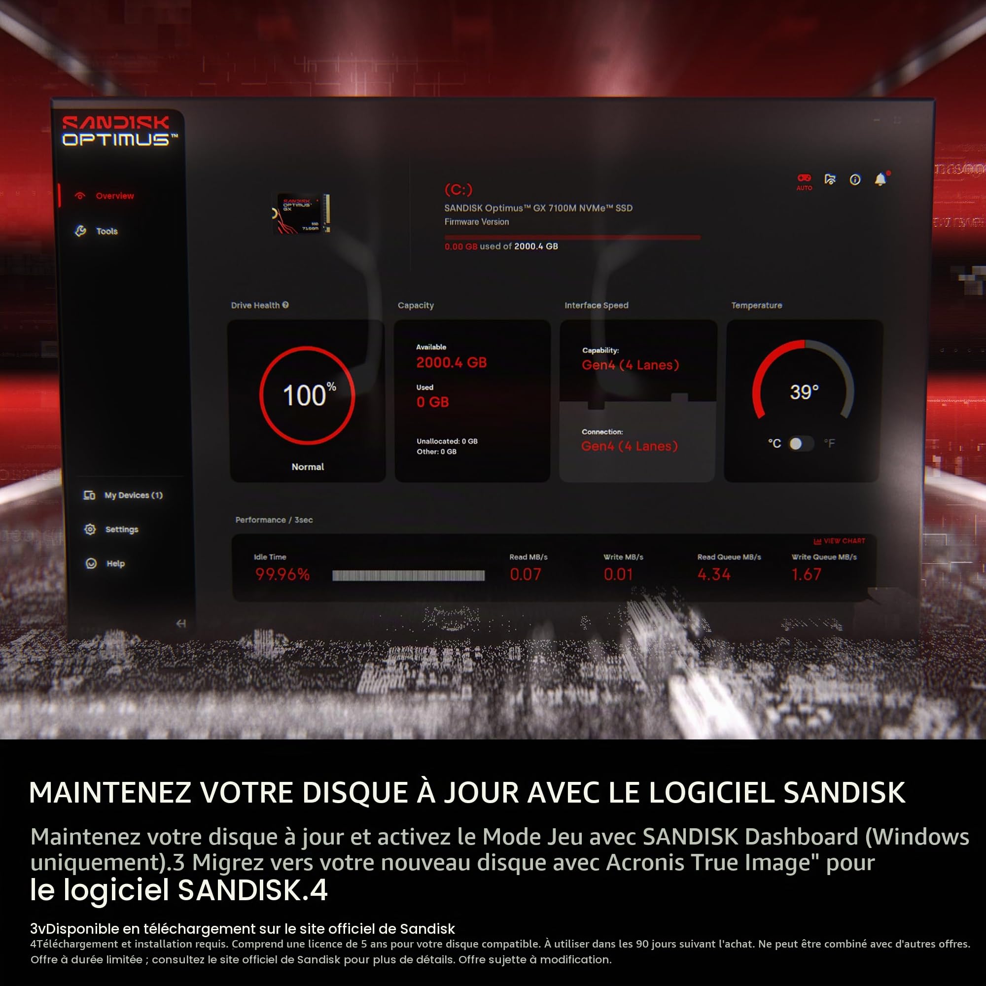 SANDISK Optimus GX 7100M NVMe SSD 2 to (Jusqu’à 7 250/6 900 Mo/s Vitesses de Lecture/écriture séquentielles, M.2 2230, PCIe 4.0, Portable Compatible Steam Deck, MSI Claw, Microsoft Surface ou Dell)