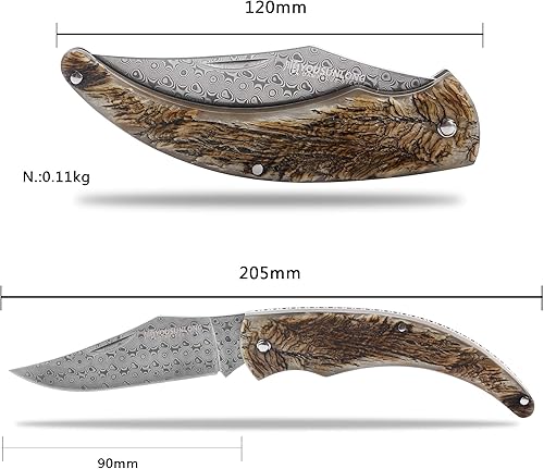 Miniatura 2 de YOUSUNLONG Navaja de bolsillo  Cuchillo plegable  Total 8.071 in  Hoja de acero de Damasco japonés  Mango de cuerno de antílope natural con funda de