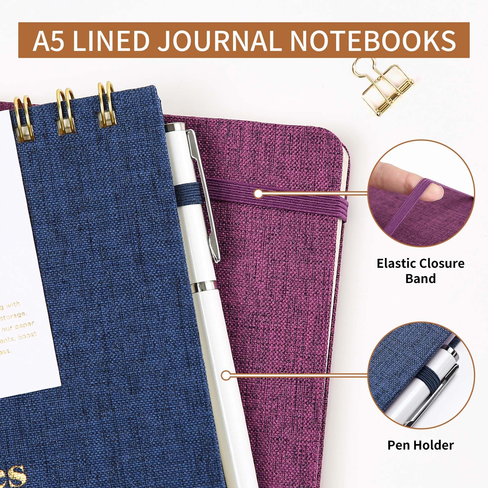 Spiralnotizbuch, A5, Hardcover, 160 Seiten, 100 g/m², dickes Papier, mit Gummiband und Stifthalter, Steno-Blöcke, College, liniert, Schreibnotizbücher für Arbeit, Schule, Reisen (1 Packung