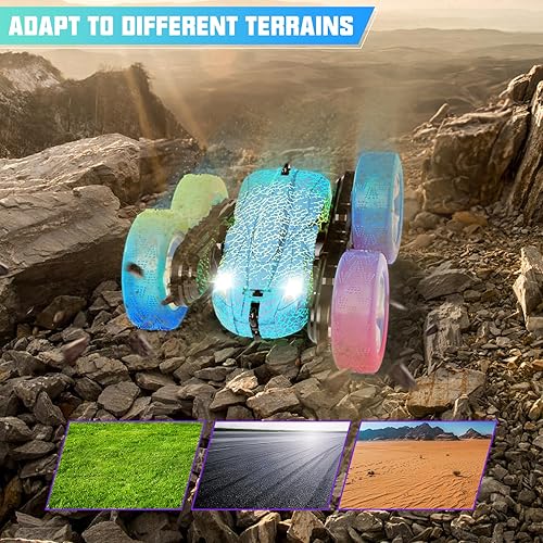 Miniatura 5 de Coche de control remoto de 82.4 F, auto de juguete de acrobacias de 2.4 Ghz con faros, luces de rueda, rotación de 360 , autos RC de doble cara,