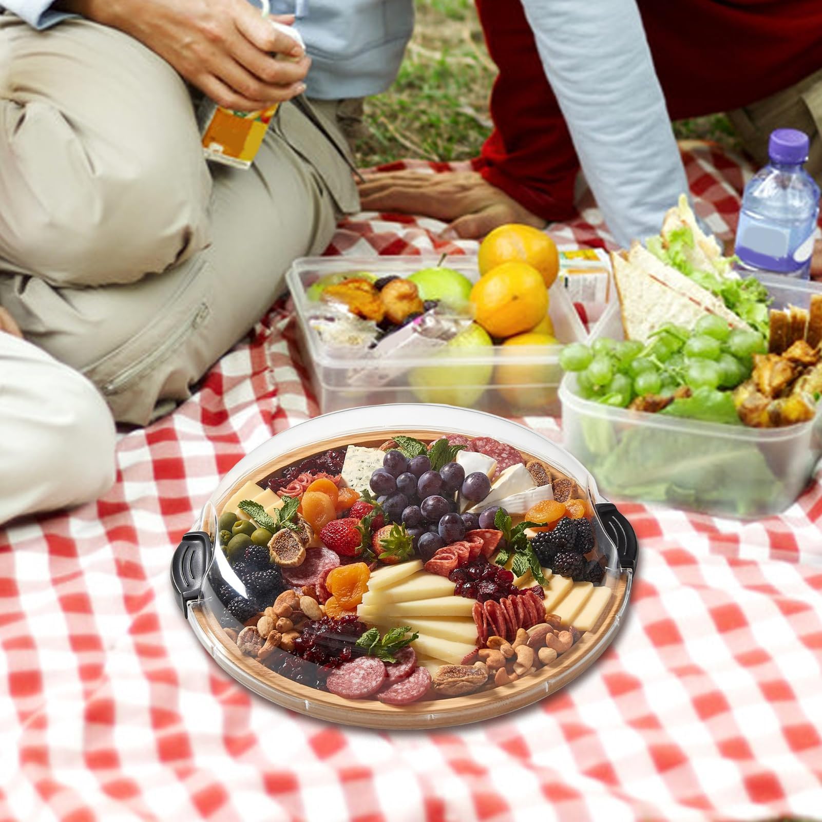 Planche à fromage ronde en bois avec couvercle – Plateau à charcuterie pour apéritifs, parfait pour la cuisine, le buffet, le pique-nique, les mariages, les fêtes en plein air et les rassemblements