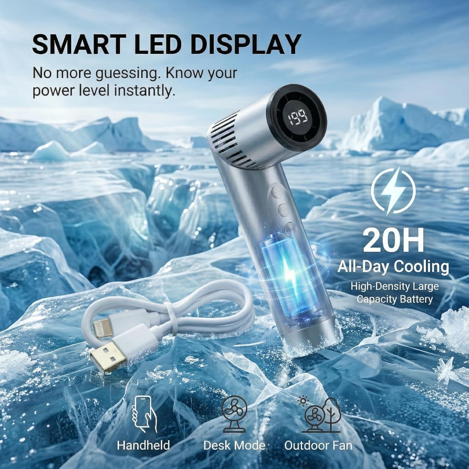 Portable Handheld Turbo Fan with LED Light for Lighting & Cooling, 199-Speed Stepless Control, Low Noise ≤65dB, 3000mAh Rechargeable Mini Fan with Digital Display for Travel Outdoor, (Silver Gray)