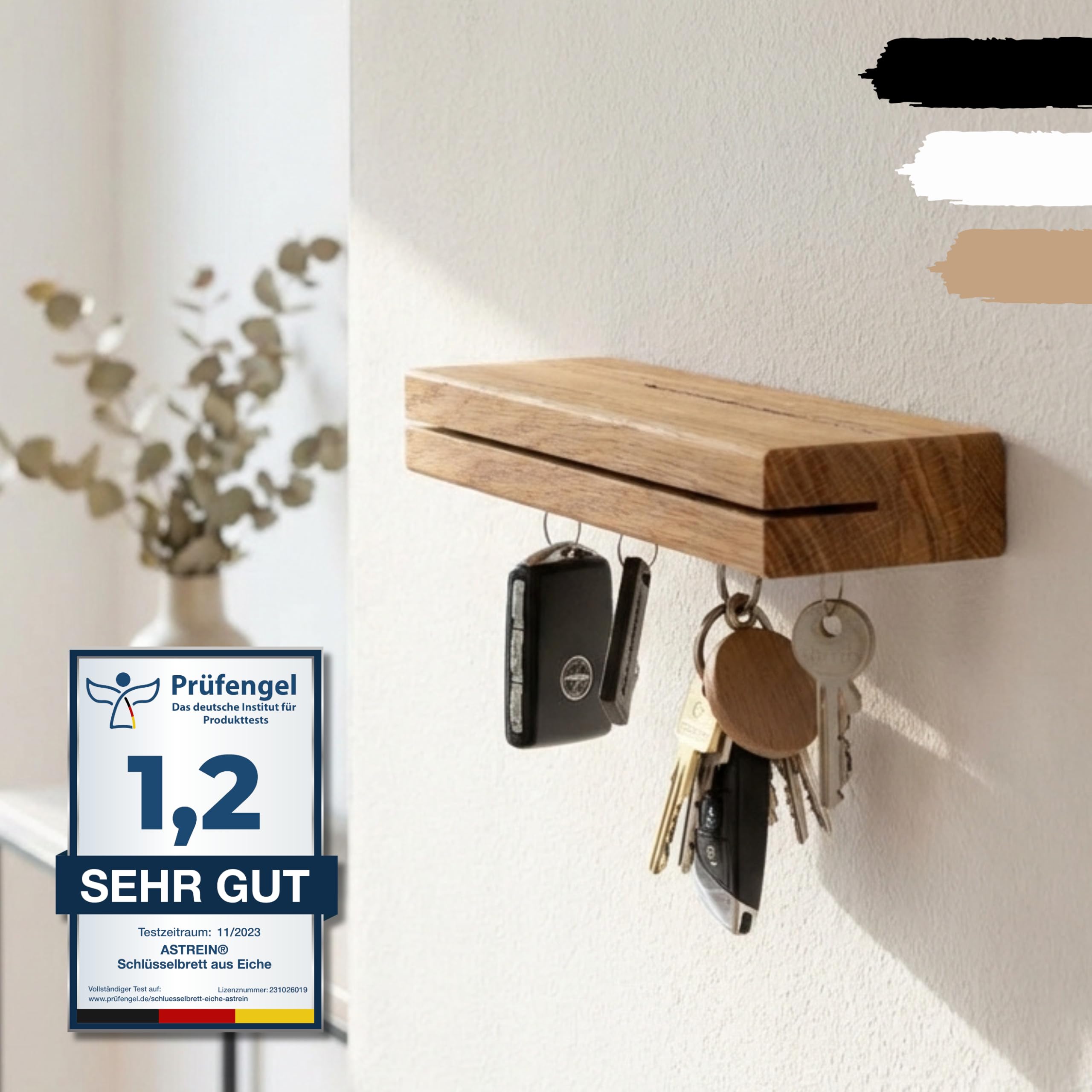 Astrein® | Schlüsselbrett Eiche | Magnetischer Schlüsselhalter aus Massivholz mit Ablage | Wandmontage | Starkes Magnetboard für Schlüssel & Karten – 30 cm