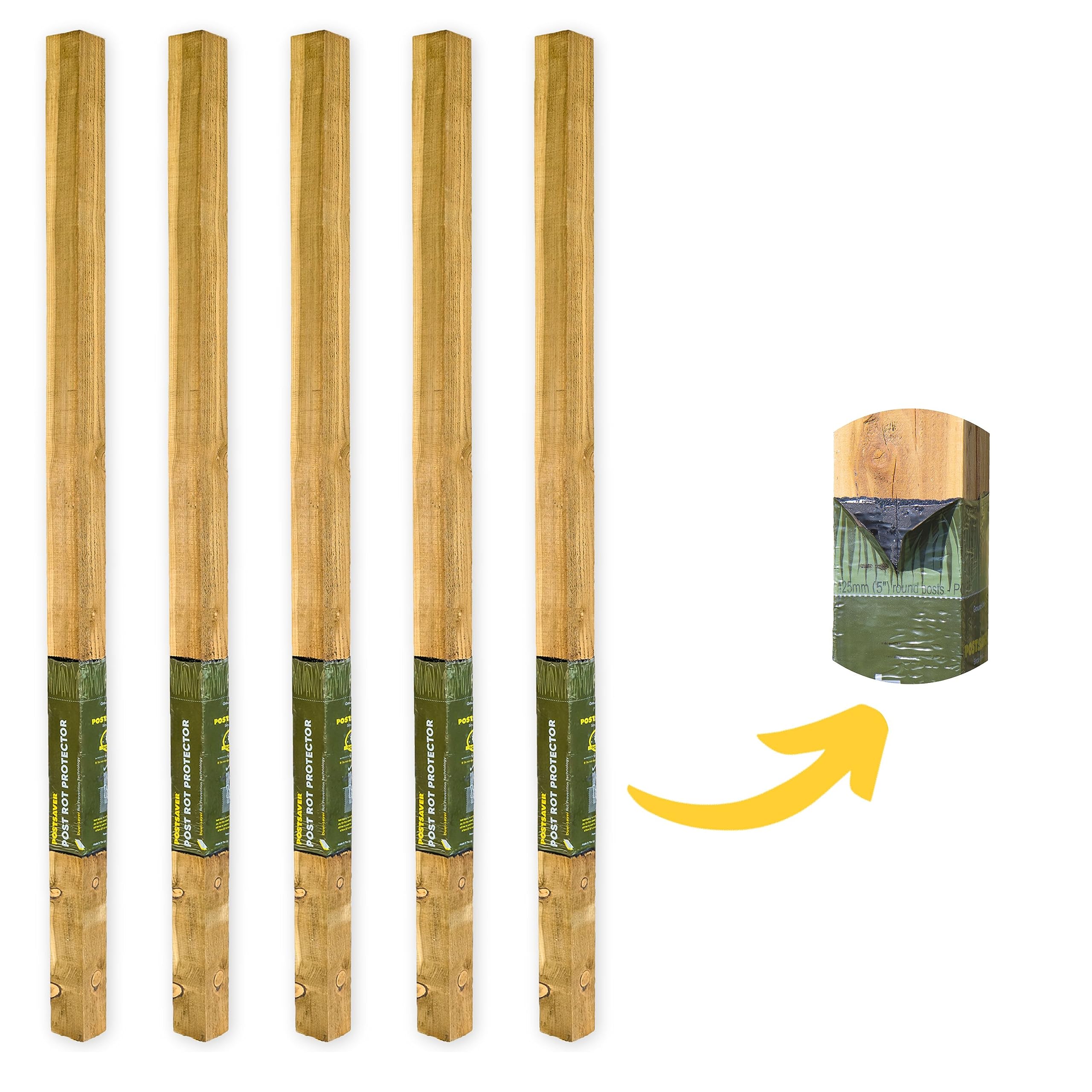 Postsaver Rot Protected Fence Post 3x3" Square | 8 Ft. Long | Pressure-Treated Timber Post for Fencing | Decay-Protected with Postsaver Dual-Layer Rot Protector | 20-Year Guarantee | Pack of 5