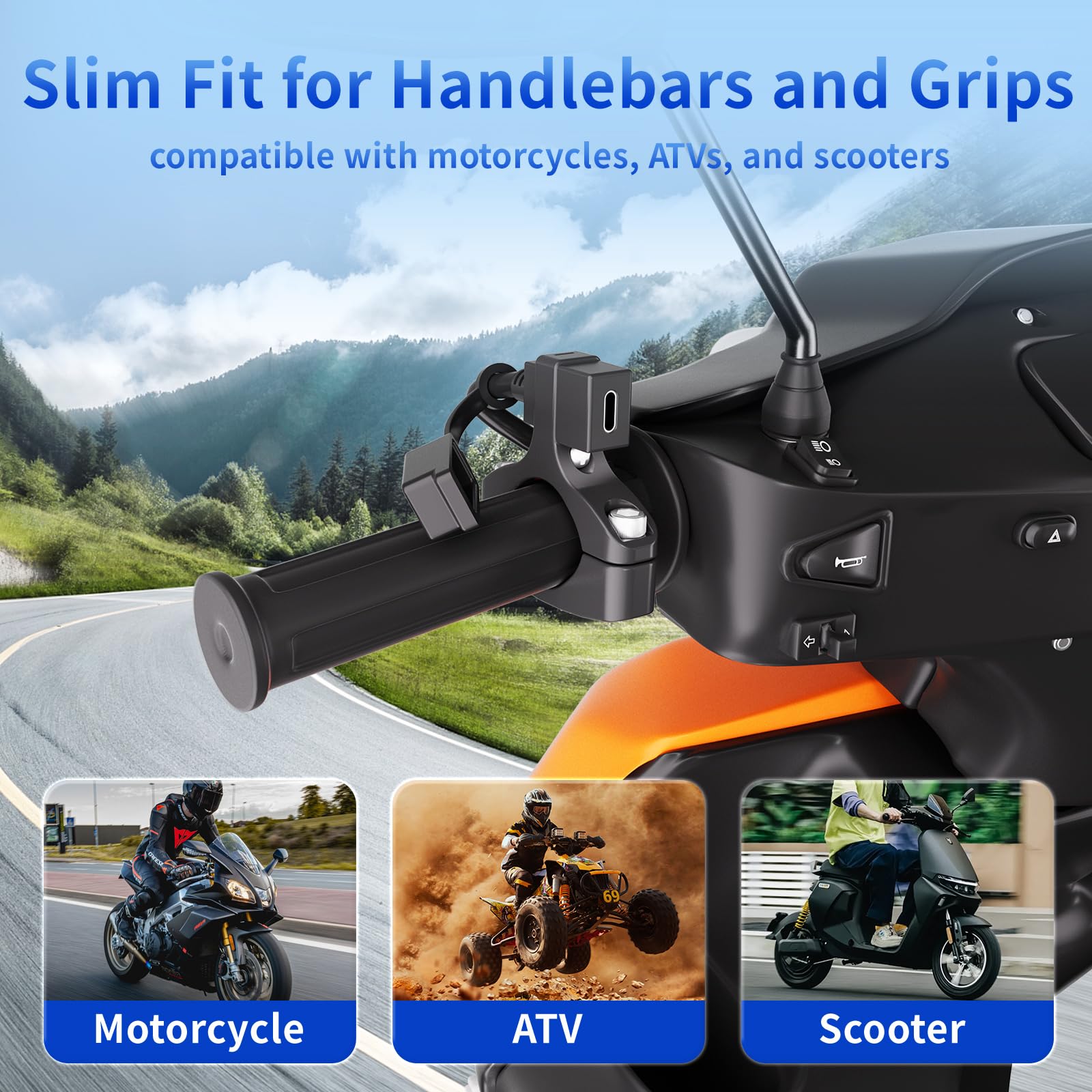 Cliff Top Gniazdo USB 12 V, motocyklowe, USB, 18 W, PD, USB-C, szybkie ładowanie, SAE na USB-C, adapter 12 V na USB, akcesoria motocyklowe, port ładowarki akumulatora motocyklowego, z uchwytem na