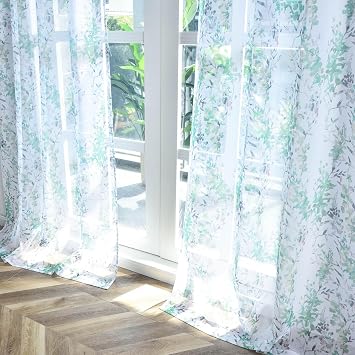 Kotile White Sheer Curtains Printed Green Branch Leaf 52x63 Inch, 2 Panels