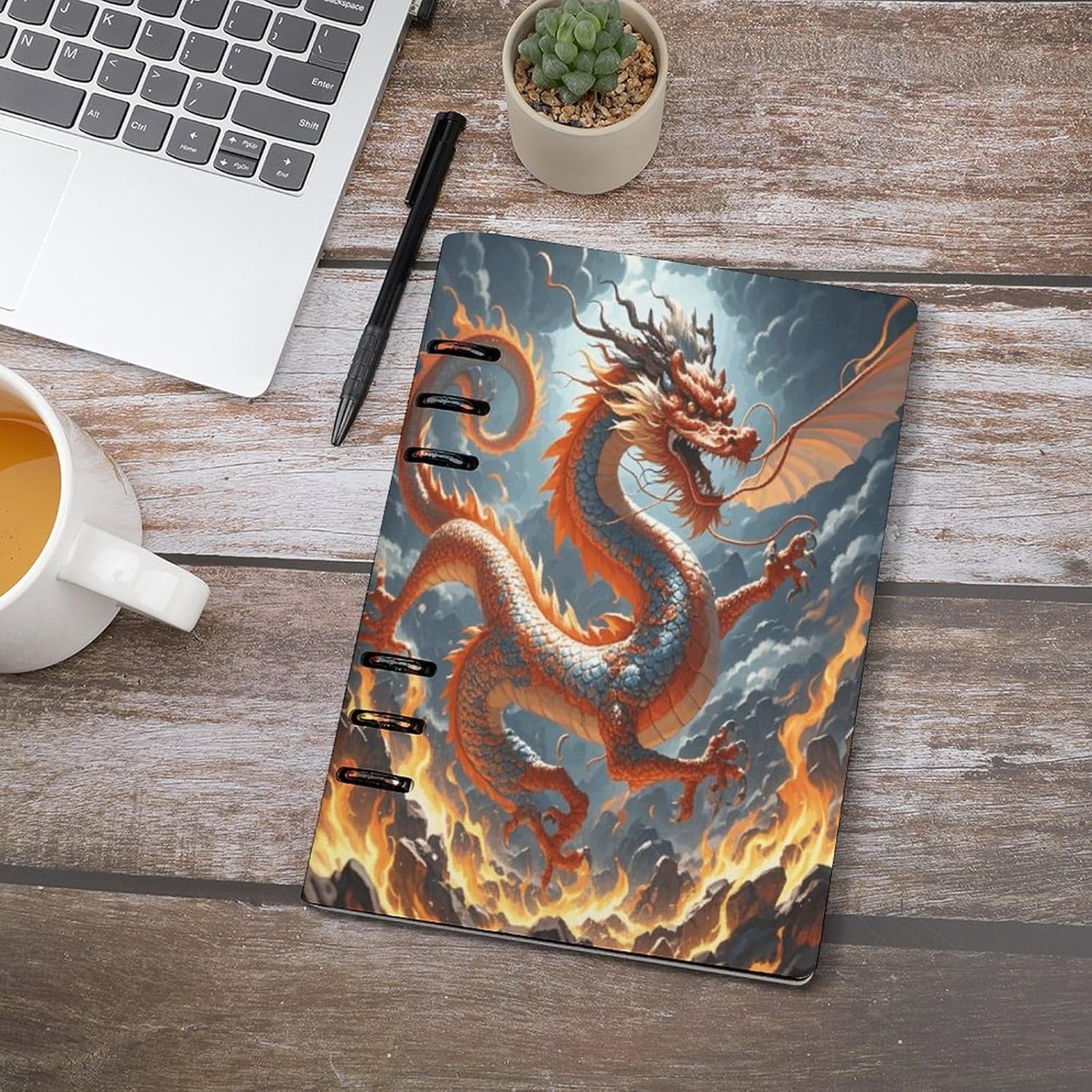 FekiLoot Fire Chinese Dragon Refillable Notebook A5 Leather Loose Leaf Notebooks 6 Ring Binder Subject Notebook Spiral Writing Journal Composition Planner Notebook for Business Travel Personal
