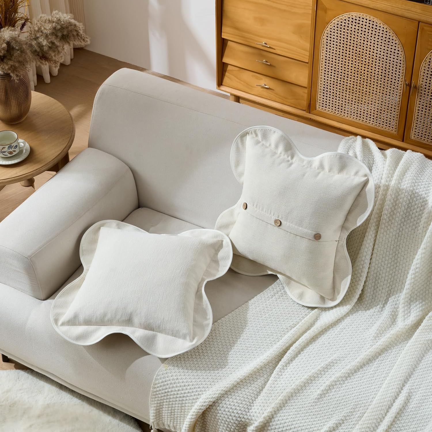 FUTEI Cream Chenille Throw Pillow Covers 18x18 Inch Set of 2, Four-Leaf Clover Shape with 3 Buttons Scalloped Bordered Design Cushion Case, Neutral Home Decor for Couch