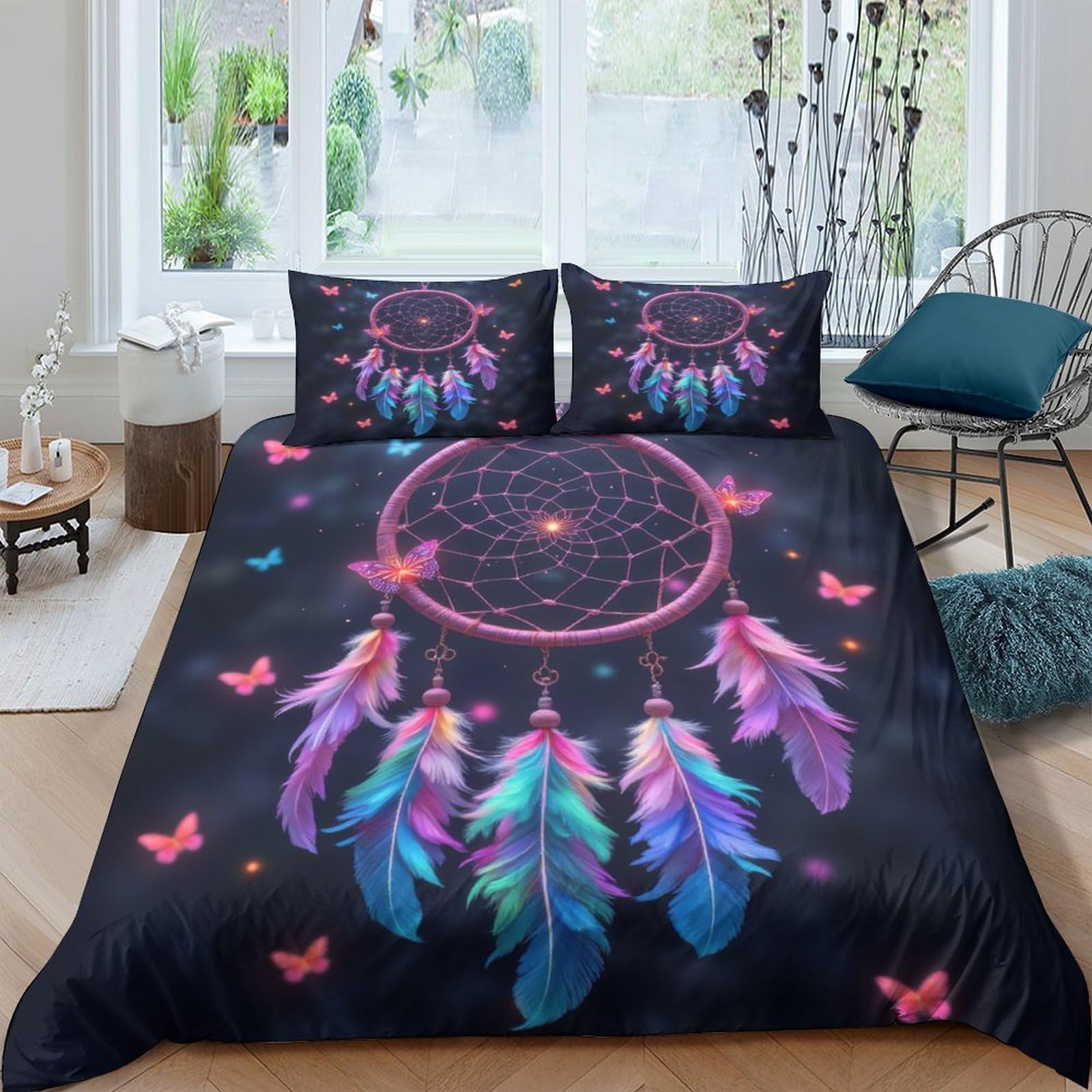 Ctjqhvkz Style-5 3D Printed Dreamcatcher Fitted Sheet Microfiber Soft Colorful Feather Butterfly Bed Cover For Bedroom Dorm Decor Single（135X200cm）