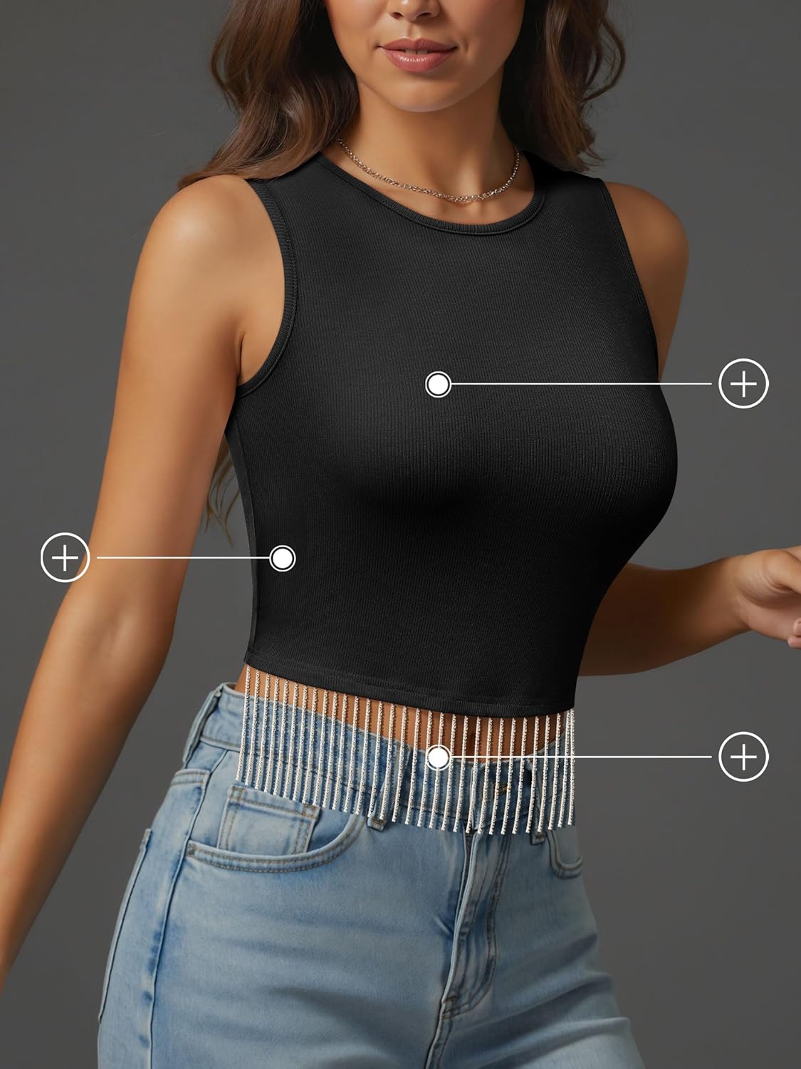 Nlife Womens Nashville Sparkly Fringe Sleeveless Tops Concert Raceback Ribbed Tank Tops with Glitter Tassel - Image 4